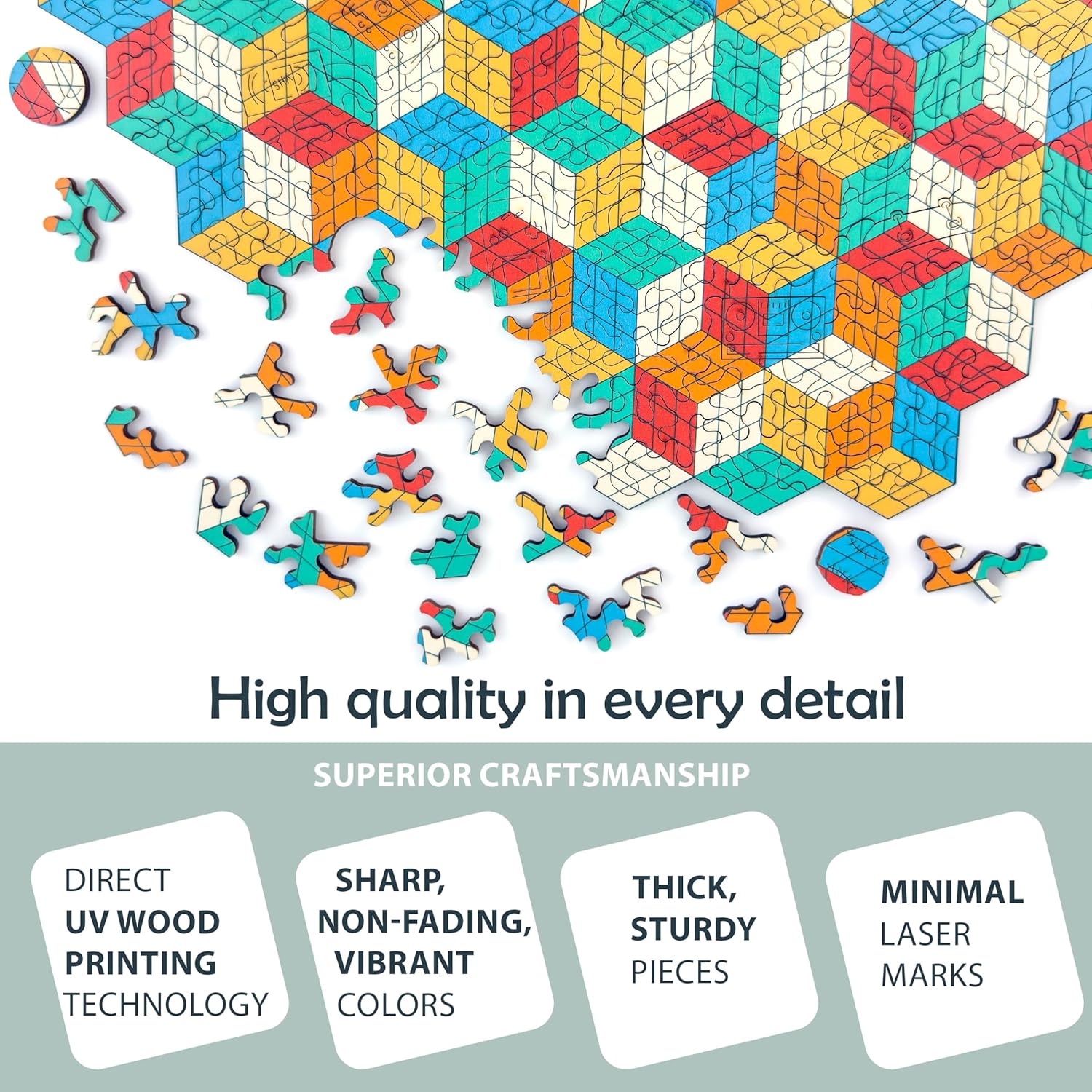 Cubes Wooden Jigsaw Puzzle - Retro Style Fun Challenge Game for Adults 15.3' x 13.7' - 279 Pieces Unique Shape by GEMTURT PUZZLE