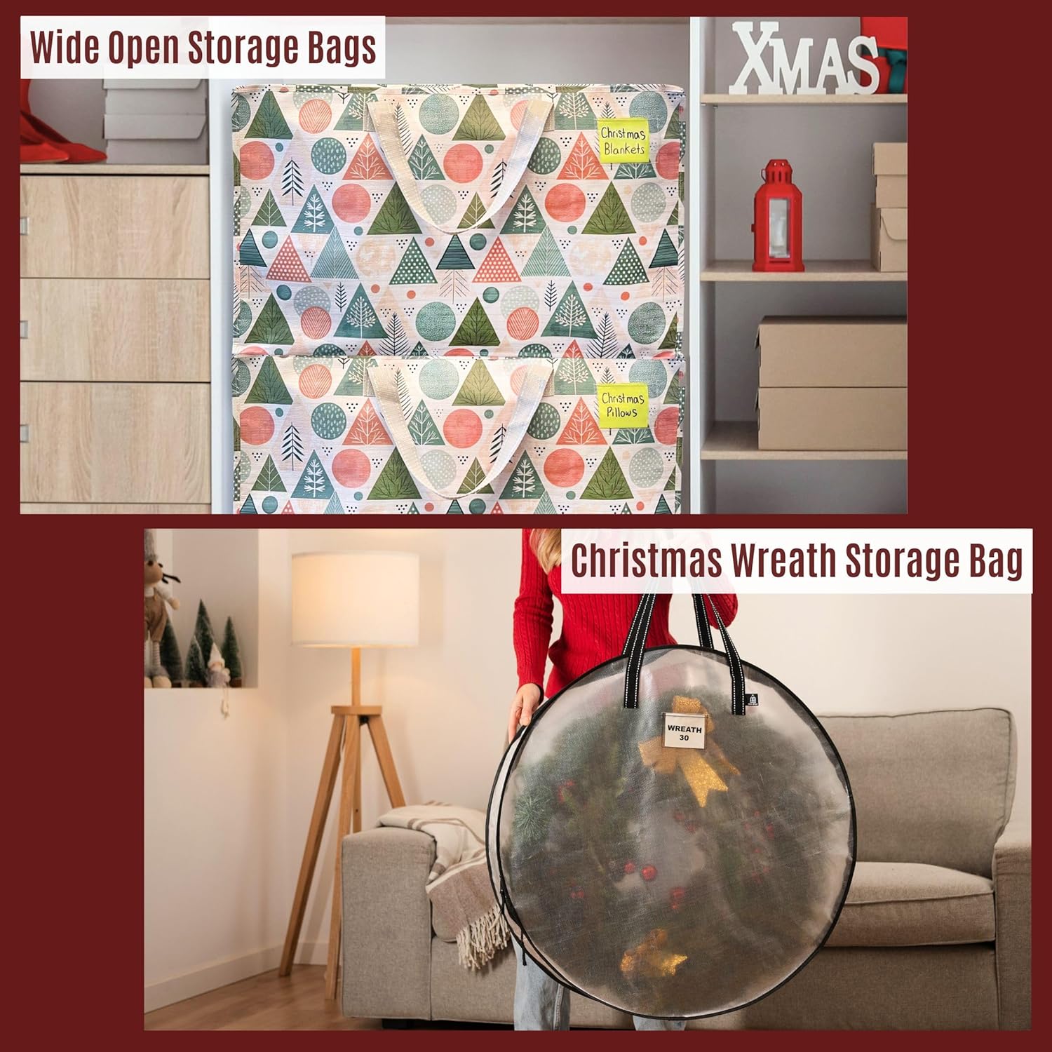 VENO 6 Pack Christmas Decoration Storage Bundle (4 Wide Open Storage Bags + 2 Pack 30 Inch Wreath Bags)