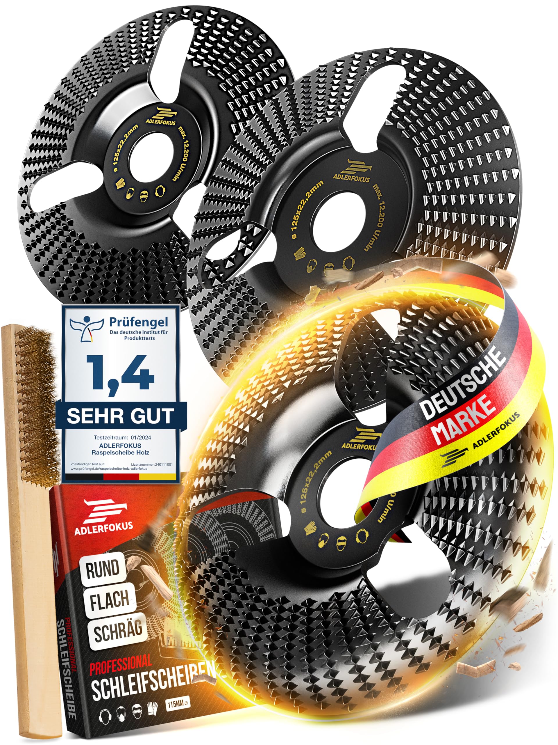 Adlerfokus Holzschleifscheibe 125mm Set für Winkelschleifer [EXTRA SCHARF] - Flexscheibe, Wurzelfräse, Lackfräse, Baumstumpffräse, Raspelscheibe