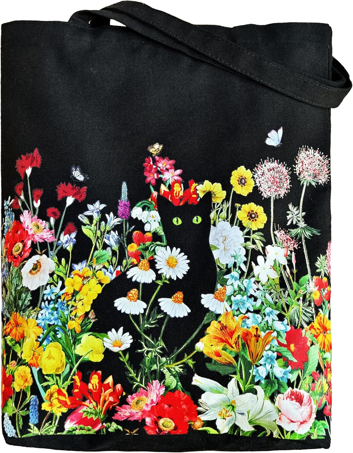 Black Cat Canvas Tote Bag For Women Cat Lover Gifts With Zipper Pocket Cute Tote Bag Vintage Floral Reusable Shopping Grocery Farmers Market Bag