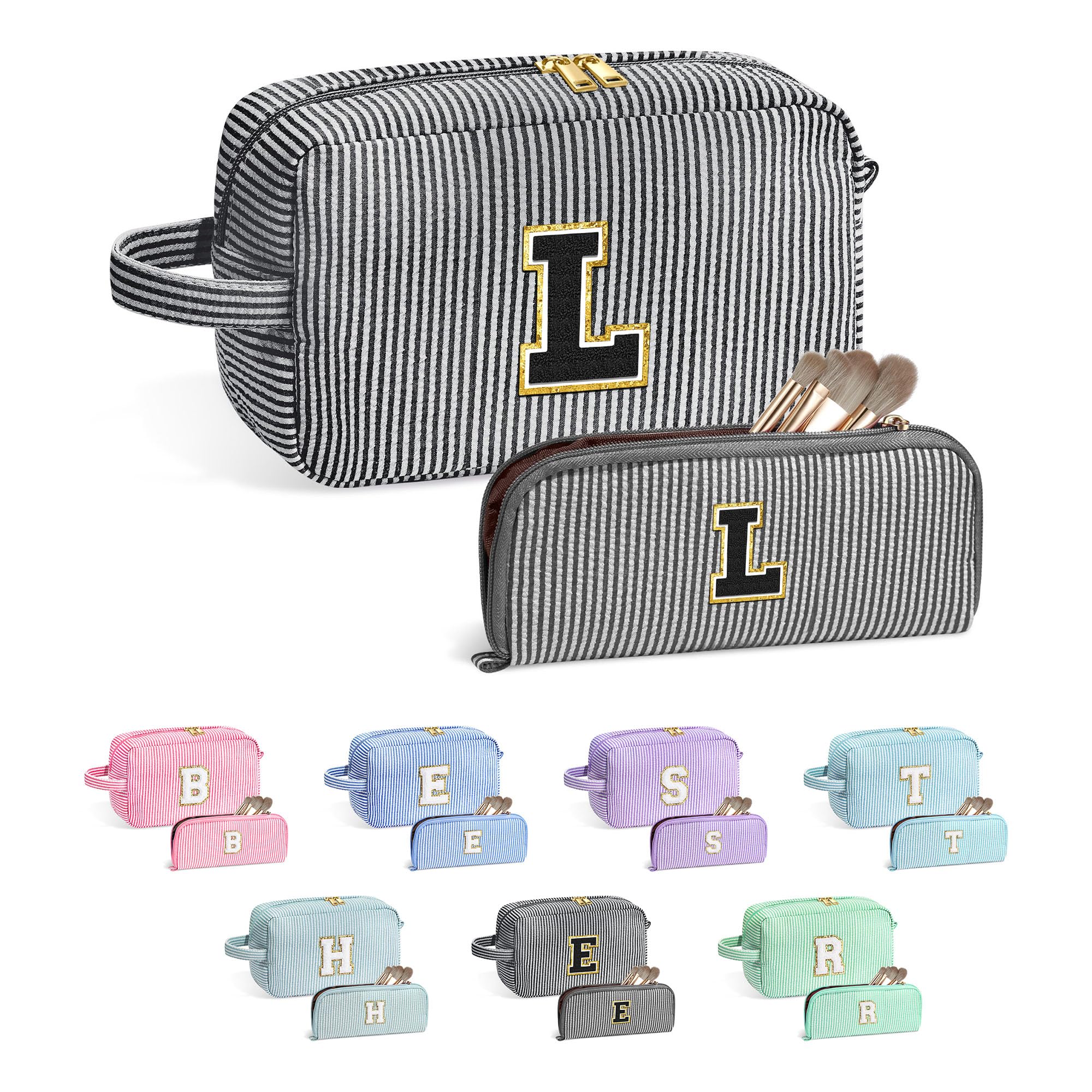 YOOLIFEInitial Makeup Bag for Women - Monogram Cute Black Makeup Bag Cosmetic Toiletry Pouch Make Up Case for Women Her Best Friend Sister Teacher Girlfriend, Personalized Birthday Gifts for Women L