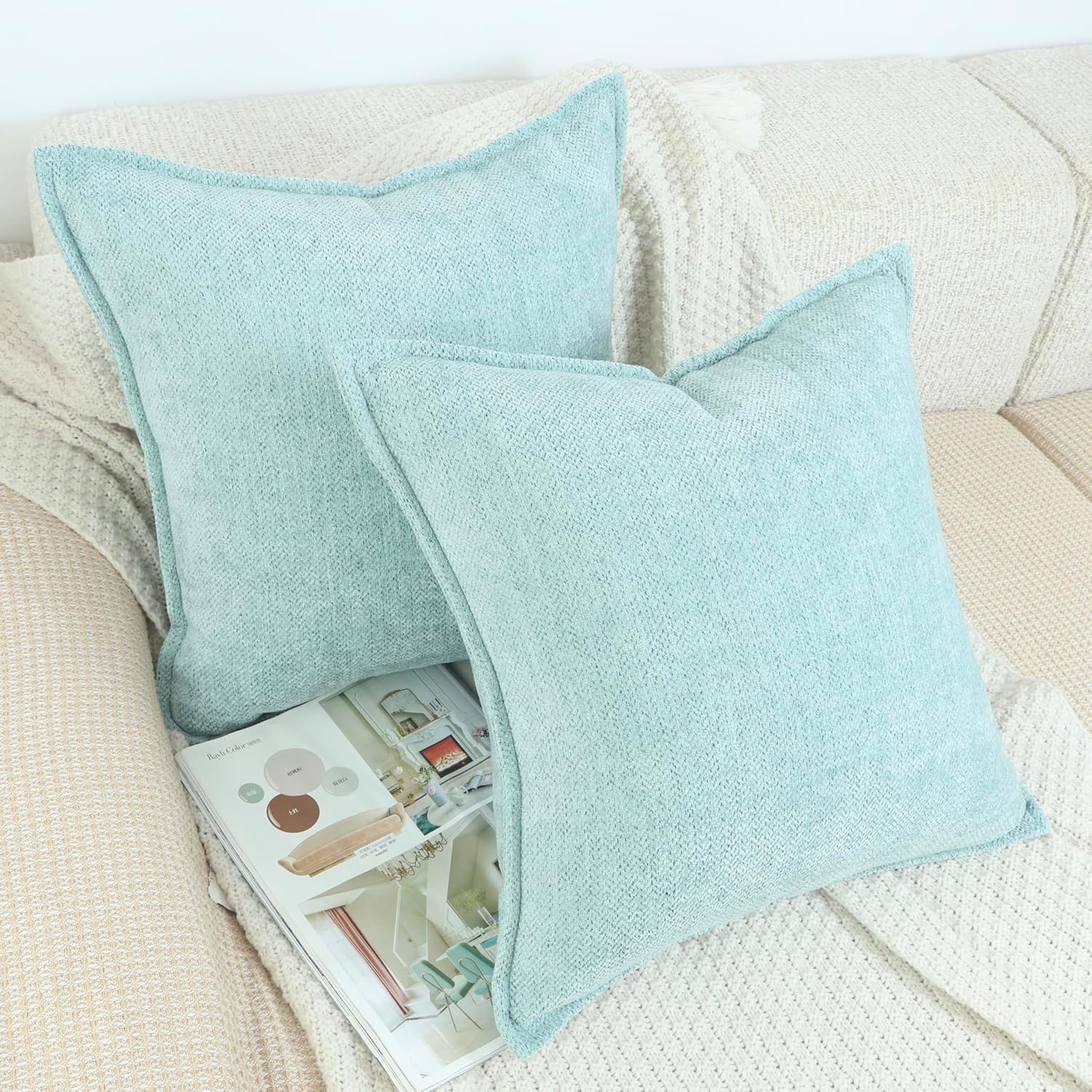 OYIMUA Soft Textured Decorative Throw Pillow Covers 20x20 Turquoise Blue Chenille Square Accent Solid Cushion Cover Cozy Farmhouse Pillow Cases for Couch Sofa Bedroom Living Room - Image 5
