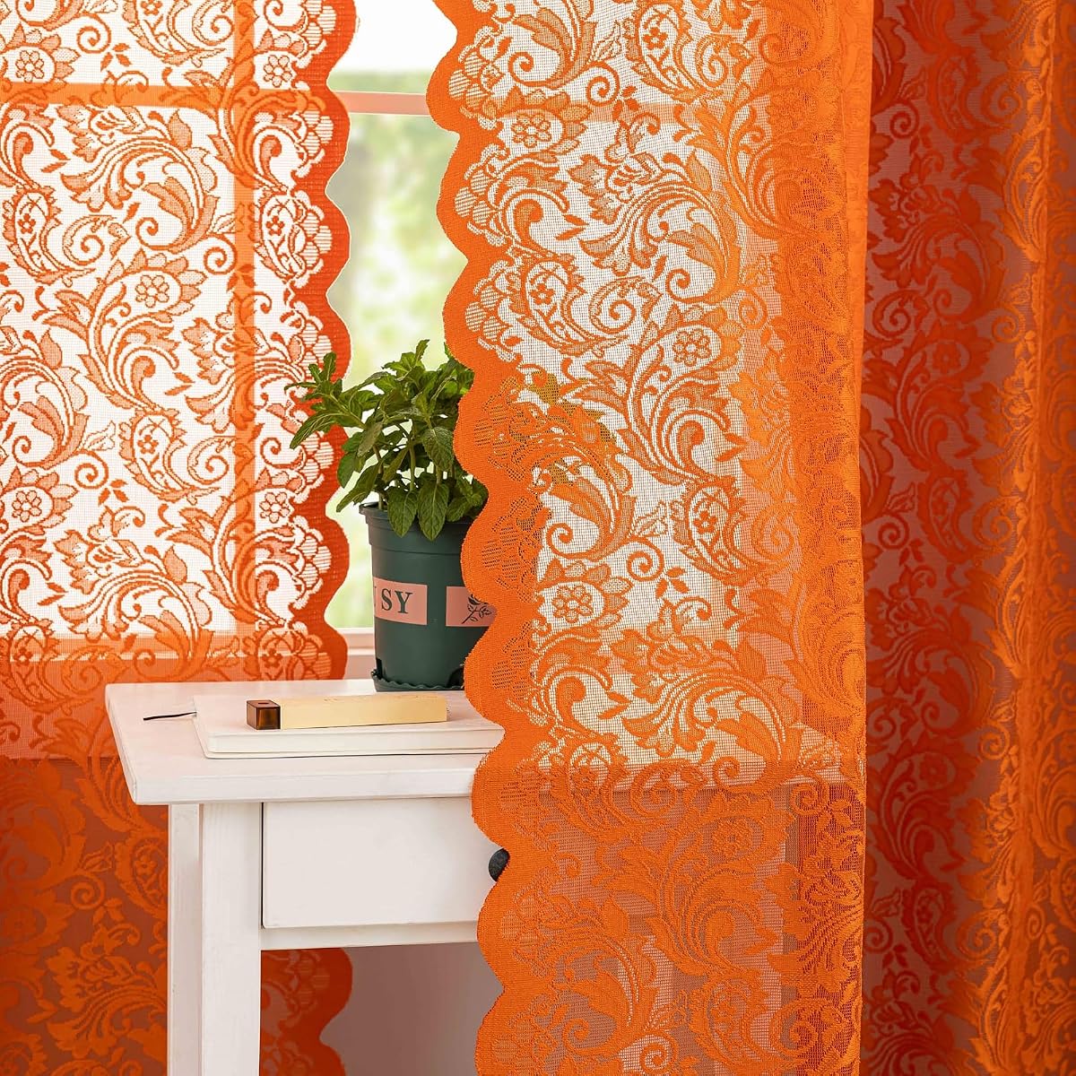 Burnt Orange Lace Curtains 84 Inches Long, Fall Decor 2 Panels | Rustic Floral, Rich Terracotta Tone, Adds Warm Charm, Bedroom & Living Room Decor, Scalloped Edge, Light Filtering, Privacy