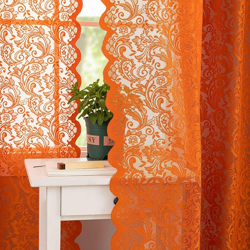 Burnt Orange Lace Curtains 84 Inches Long, Fall Decor 2 Panels | Rustic Floral, Rich Terracotta Tone, Adds Warm Charm, Bedroom & Living Room Decor, Scalloped Edge, Light Filtering, Privacy