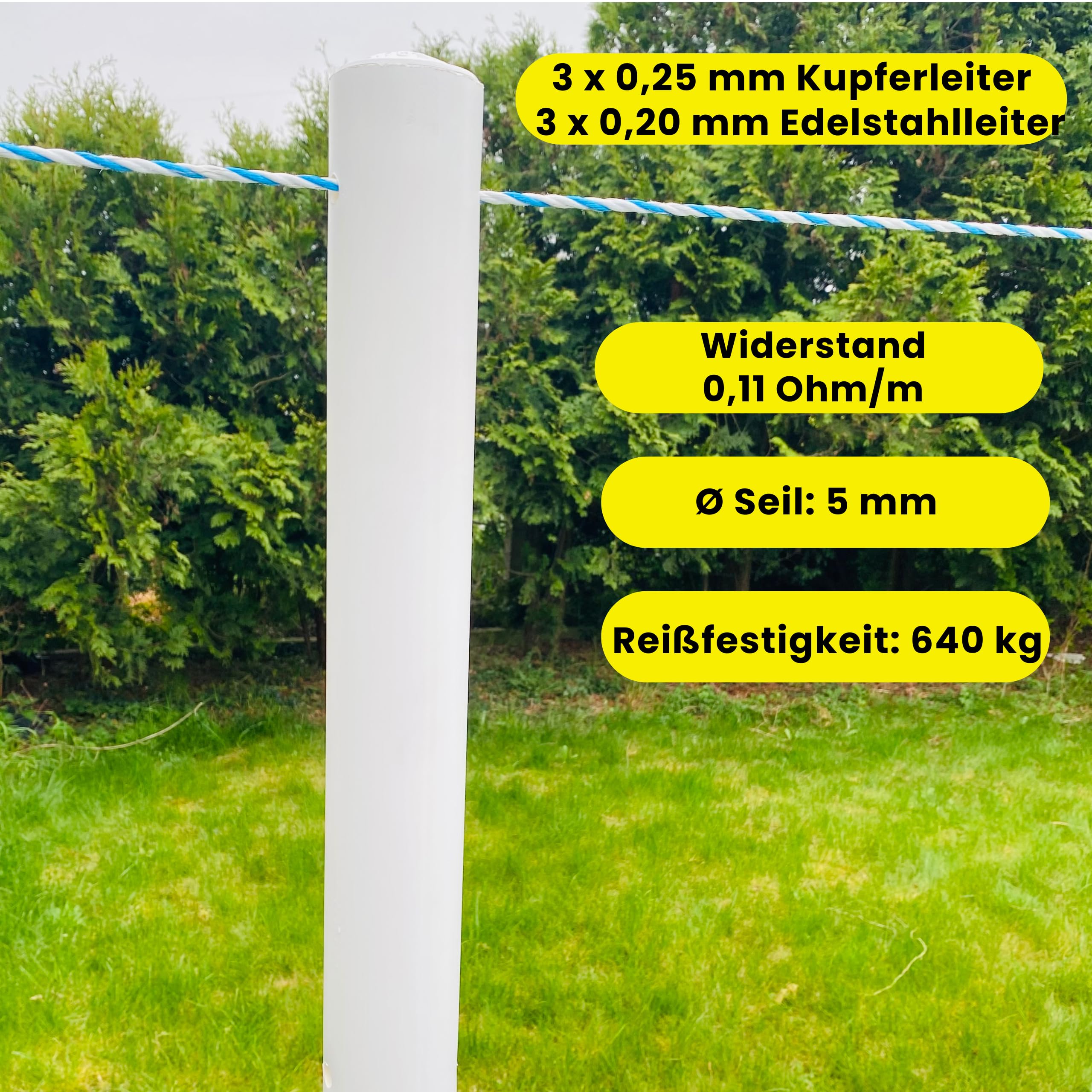 Weidezaun Litze 500m – Elektrozaun Seil 5mm mit Kupfer & Edelstahl Leitern – hohe Leitfähigkeit, UV-beständig, reißfest bis 640kg – ideal für Pferde, Rinder, Wildabwehr