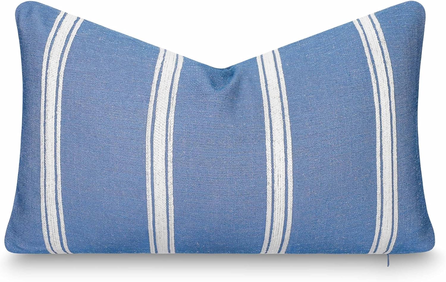 Crumbs Home California Casual Coastal Indoor Outdoor Lumbar Pillow Cover, 12"x20" Water Repellent for Patio, Backyard, Couch, Poolside, Azure Blue White Embroidered Stripes