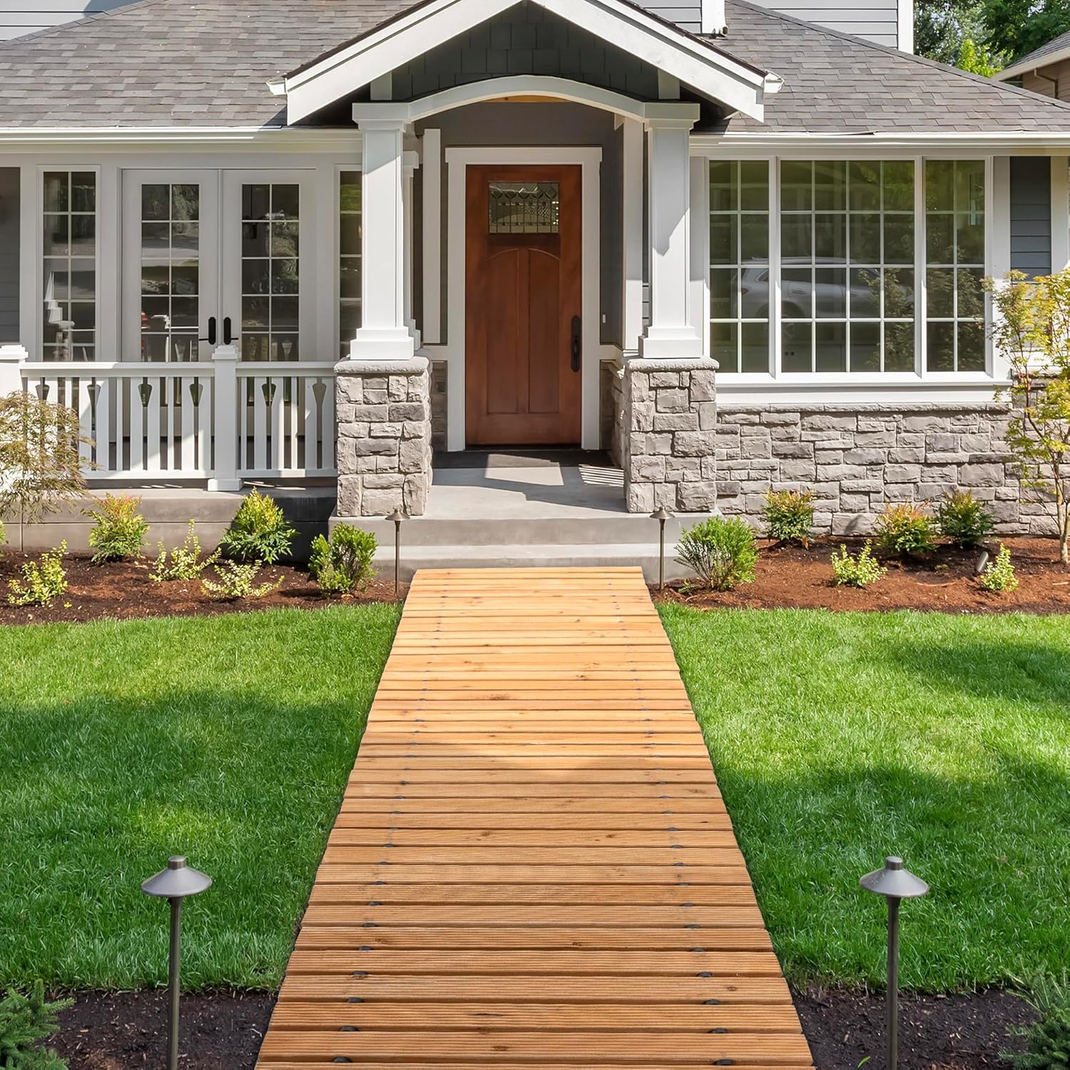 COSIEST 8FT Wooden Garden Pathway, Straight Roll Out Anti-Slip Walkway for Outdoor Decor, Weather-Resistant Flooring Path, Easy Unfold Instant Boardwalk Path for Lawn Patio Yard Deck (8FT, Log Color)