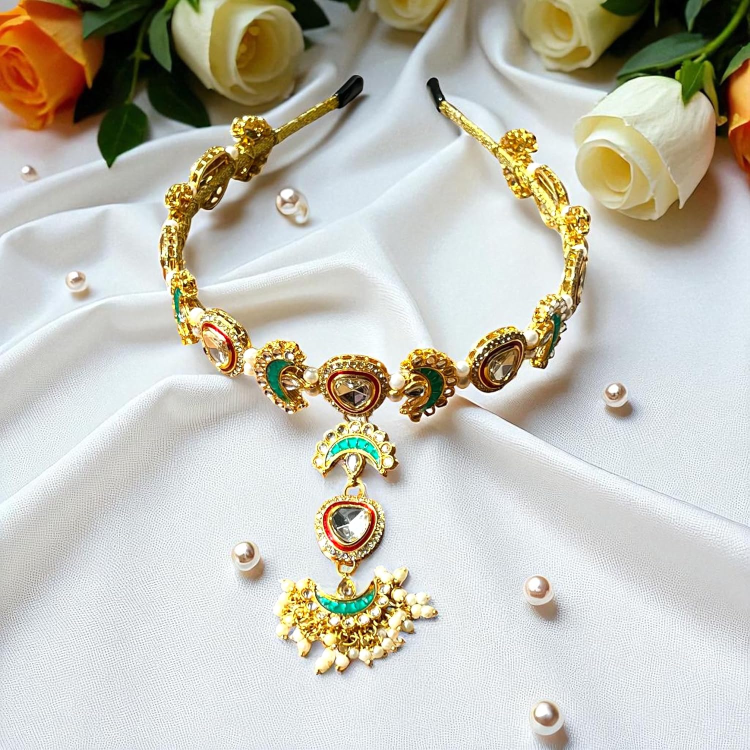 Green Moon Jadau Kundan Sheeshphool Bridal Headpiece Indian Headband with Attached Tikka/Borla/Bodla Matha patti Maang tikka Hair Accessory Wedding Forehead Jewelry