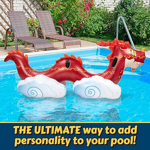 Miniatura 6 de Flotador gigante de dragón para piscina  Jinete inflable para 2 personas de más de 7 pies de largo con asas resistentes, PVC resistente, patio