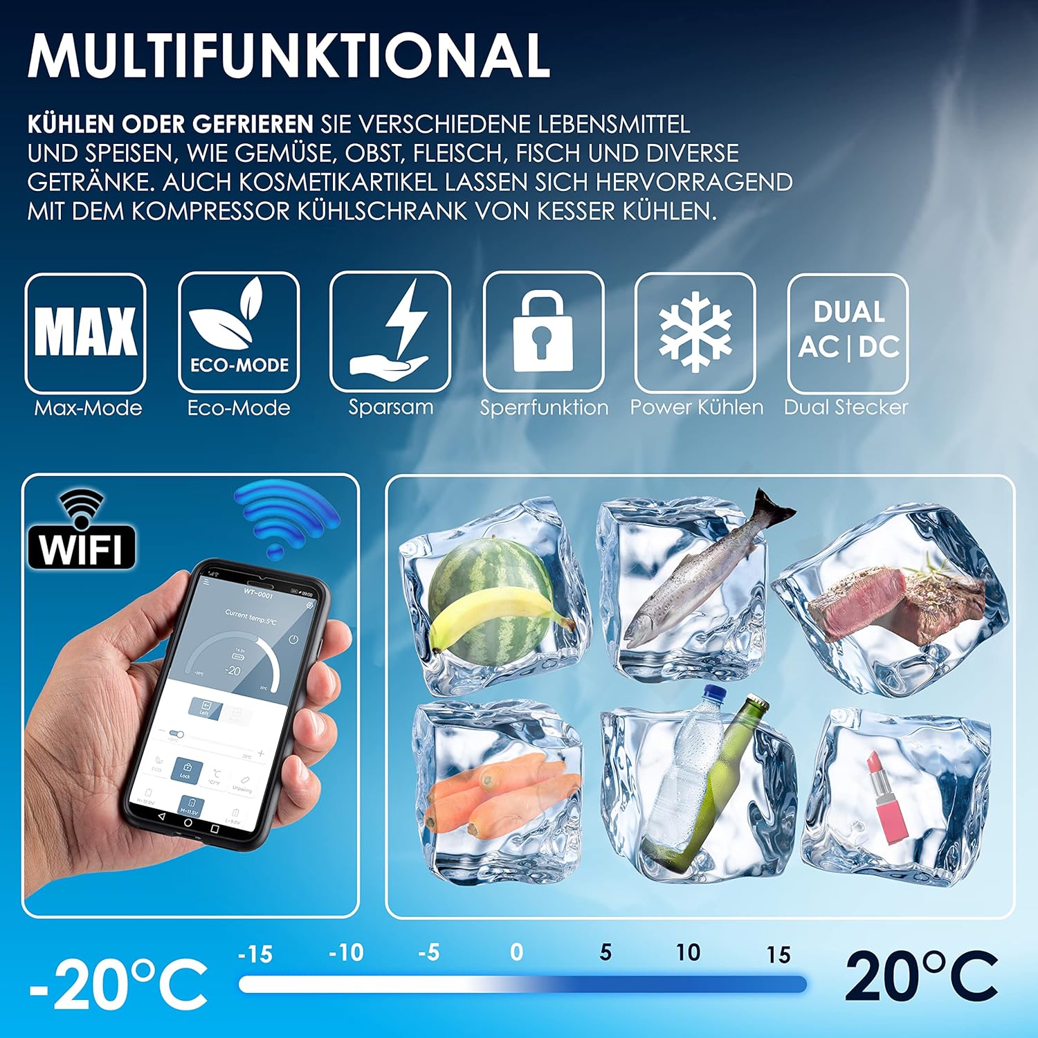 KESSER® Compressor Cool Box Electric Freezer Box 50 Litres with App Control USB Port 12/24 V 230 V, Telescopic Rod Wheels Fridge Cooling up to -20 °C for Car, Truck, Boat, Motorhome, Camping