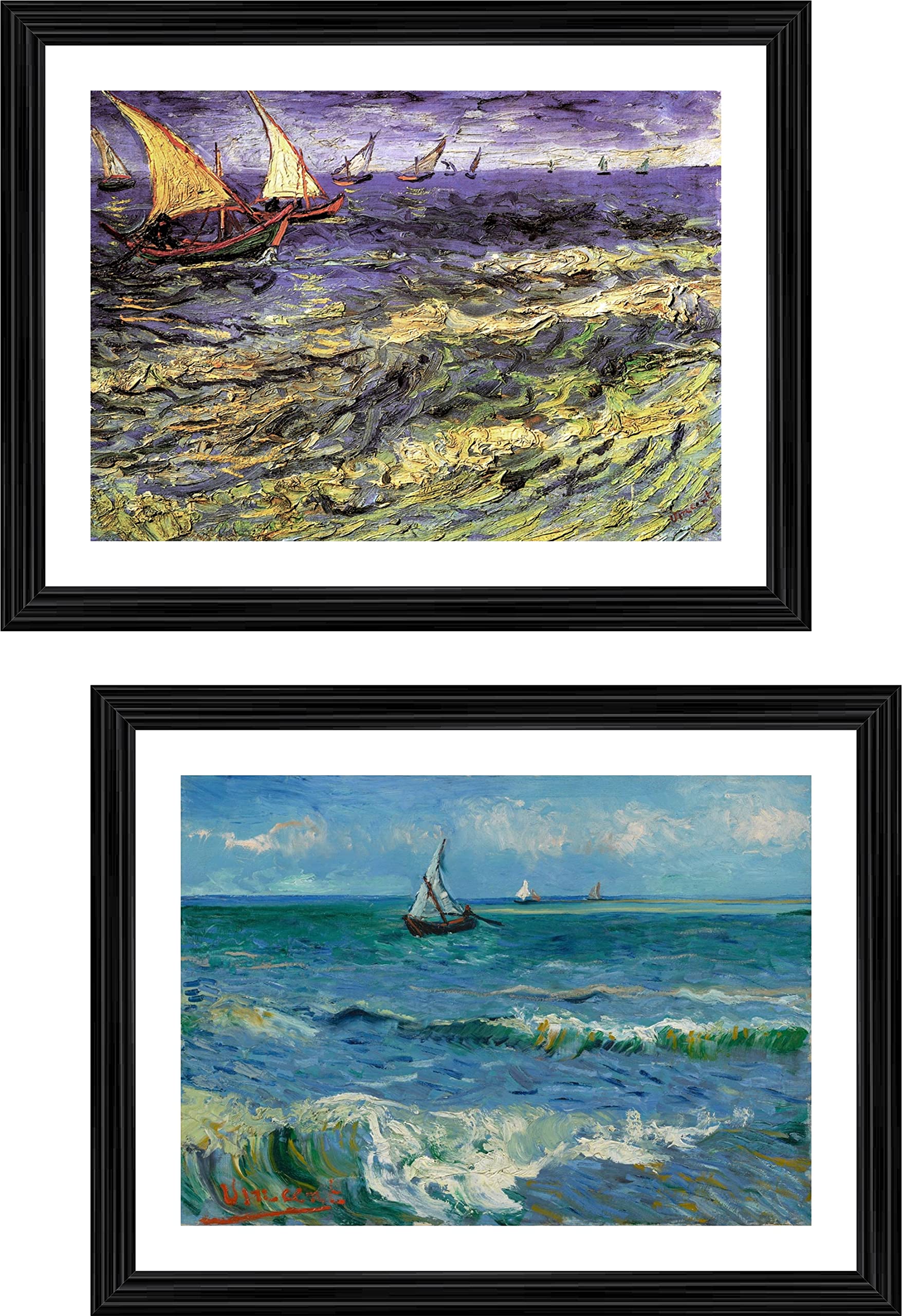 Adventures® *Seascape at Saintes Maries* & *Seascape near Les Saintes-Maries* - 2 Paintings by Van Gogh, Set of 2 Wall Décor Frames (Acrylic Frame). Size 18"x14" each. (12 options)