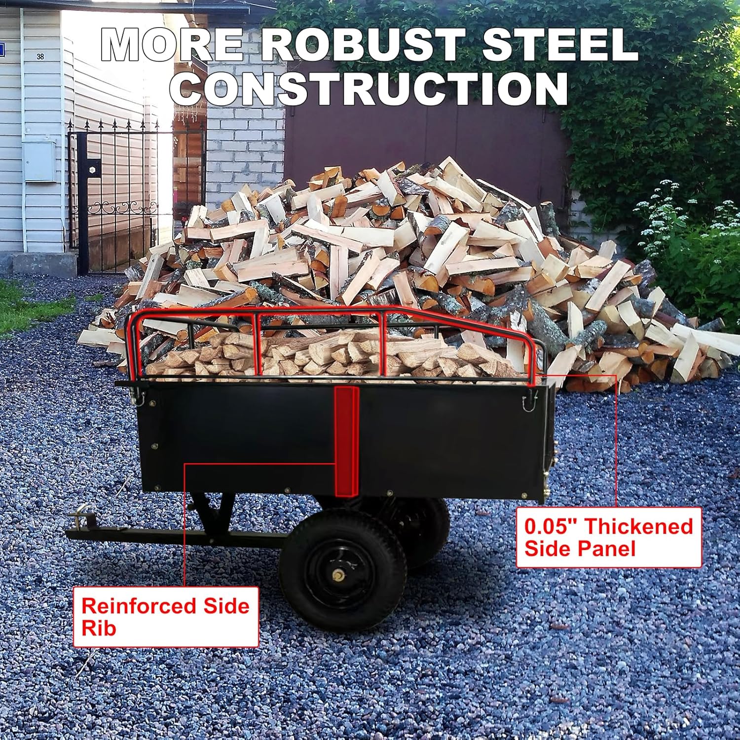 Garden Dump Carts, Heavy Duty Yard Cart, 900-Pound Capacity, Steel Yard Trailer, Utility Trailer, Hand Pull or Foot Pedal Dump Cart for ATV, UTV, Lawn Mowers and Tractors, Black