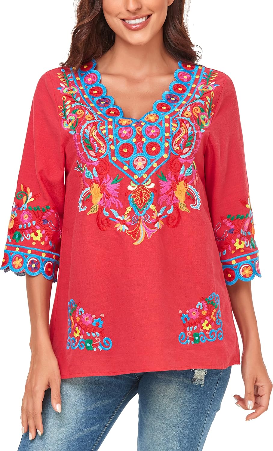 YZXDORWJ Women's Summer Boho Embroidery Mexican Bohemian Tops Shirt Tunic V Neck Blouses