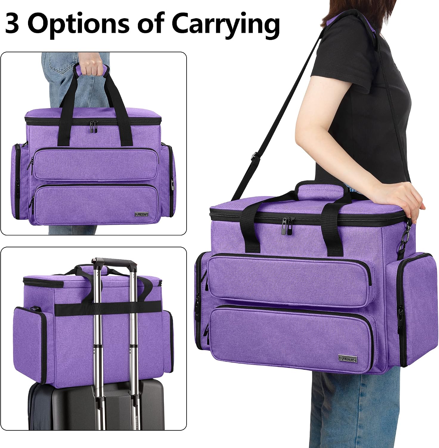 CURMIO Sewing Machine Carrying Case for Most Standard Sewing Machine, Portable Travel Tote Bag with Compartments and Pockets for Sewing Supplies, Purple (Bag Only, Patent Design)