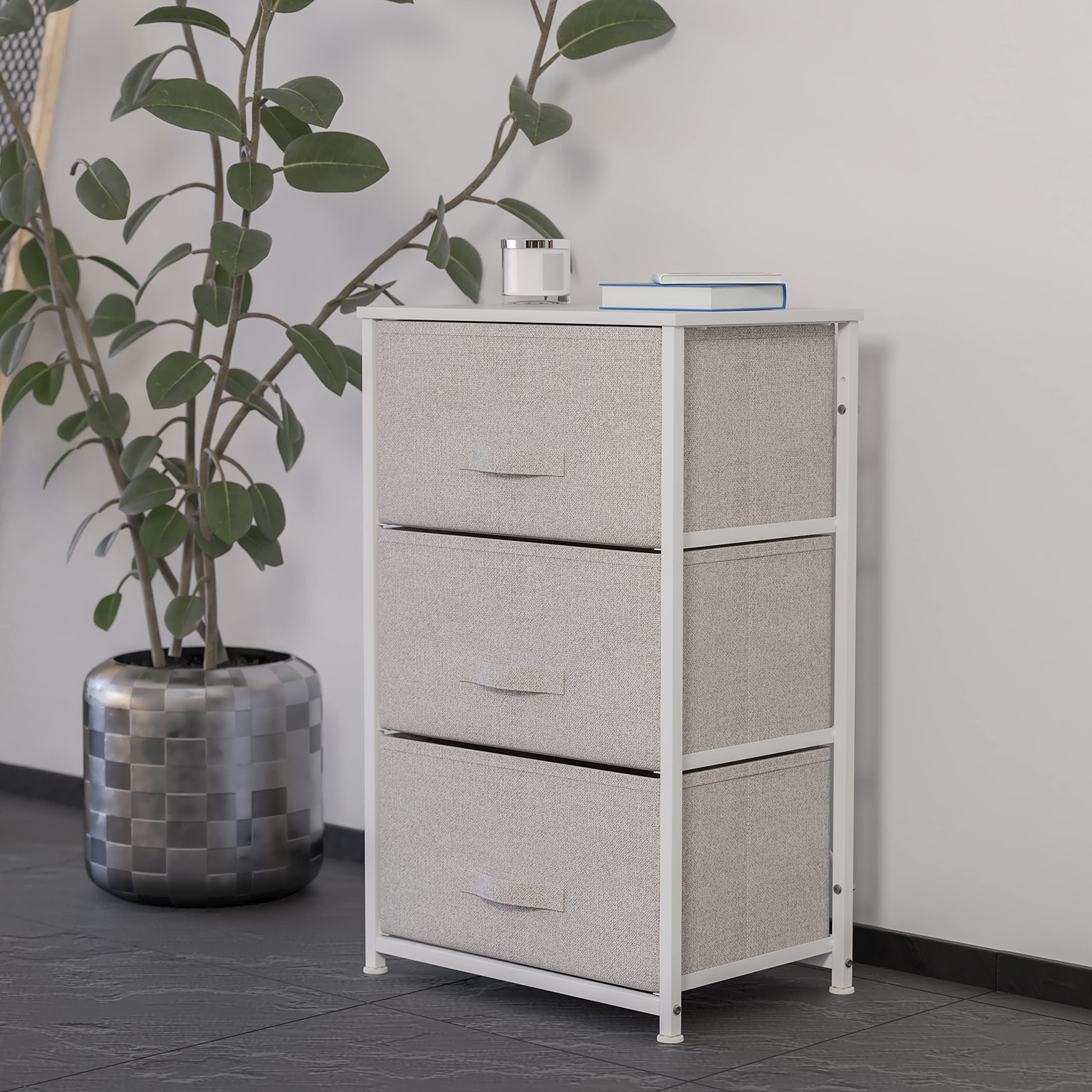 Flash Furniture3 Drawer Storage Dresser - White Cast Iron Frame and Wood Top - 3 Easy Pull Dark Gray Fabric Drawers