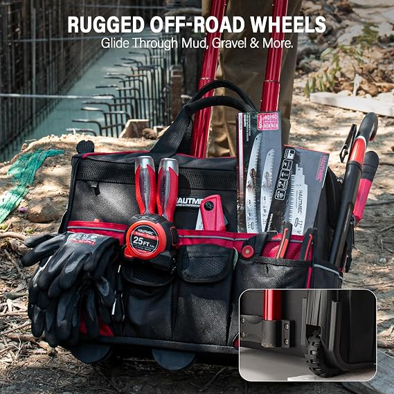 HAUTMEC 18 Rolling Tool Bag on Wheels, Heavy-Duty Tool Bag with High-Density Oxford Fabric, Oversized Off-Road Wheels, Wide-Mouth Design, 23-Pocket, Double Zipper & Telescoping Handle - HTTBM25004