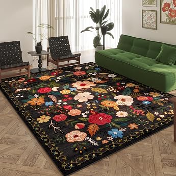 Rugcomf Area Rugs Living Room Rug Washable Boho Rug Non-Slip Floral Vintage Design Low Pile Large Rug for Living Room Bedroom Farmhouse Dining Room