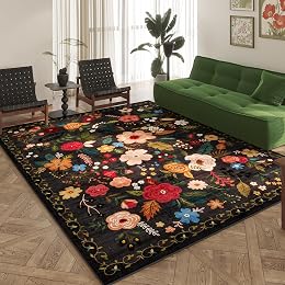 Rugcomf Area Rugs 8x10 Rug for Living Room Clearance Washable Boho Area Rug Non Slip Floral Vintage Low Pile Large Rug for Living Room, Bedroom, Farmhouse, Dining Room, Kids Playroom(Black)
