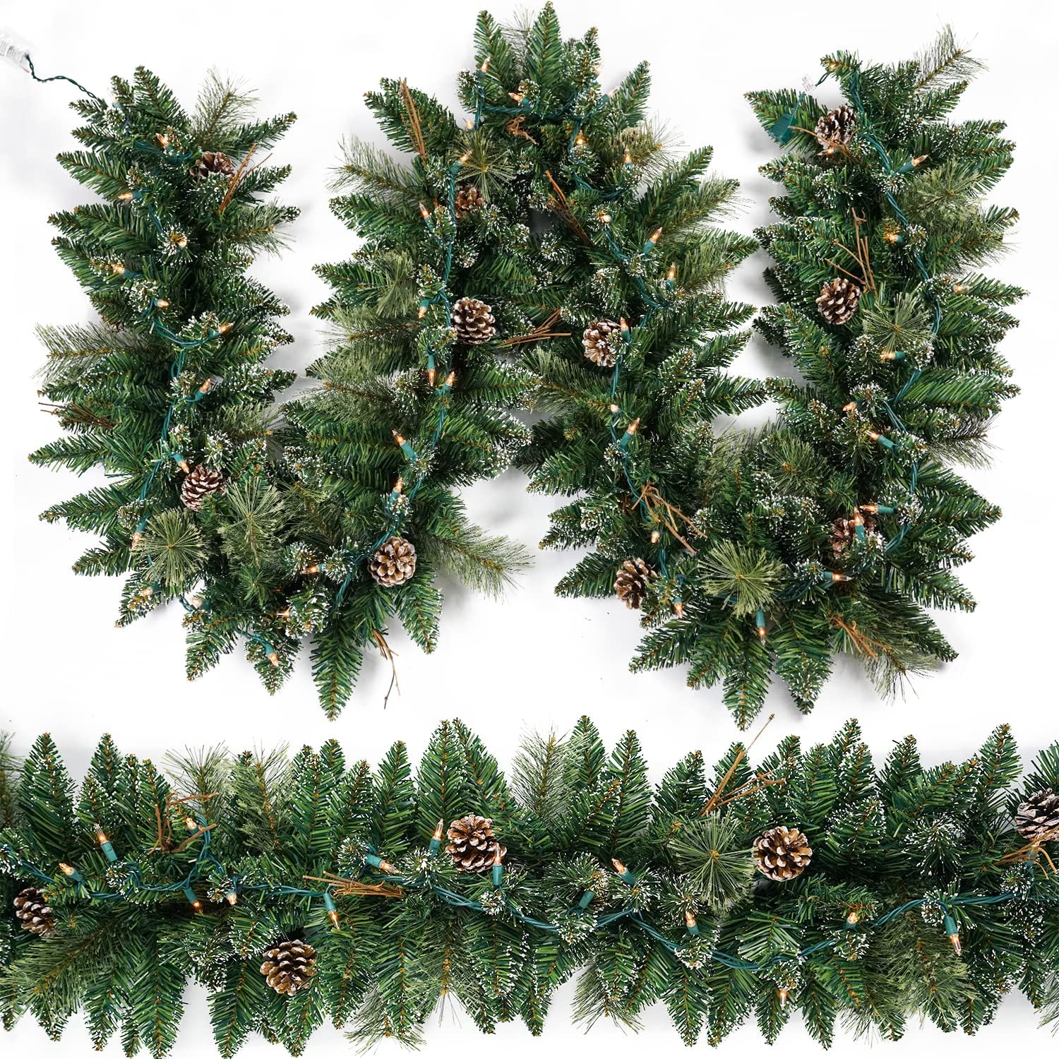 Christmas Garland Prelit 9 Ft Battery Operated with 50 Lights, Pine Cone and Snow Style Xmas Garland, Christmas Decor Indoor Outdoor Pinecone-B_plug-in