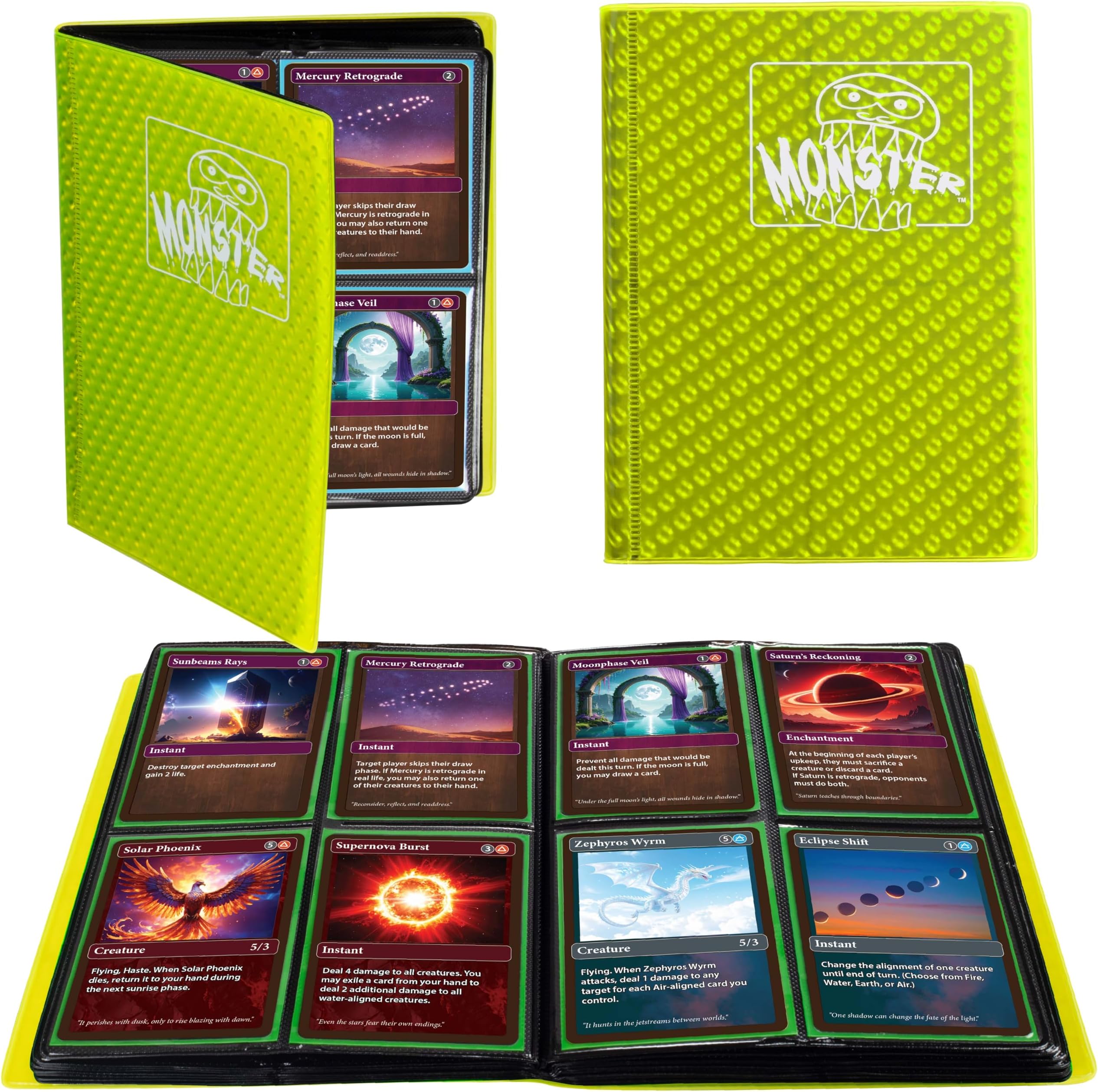 4 Pocket Trading Card Album- Holofoil Lime Binder w Side Loading Pockets, AntiTheft Anti-Drop-TCG Collector Storage Organizer for 160 Cards-Compatible with Pokémon, Yu-Gi-Oh!, MTG Magic The Gathering