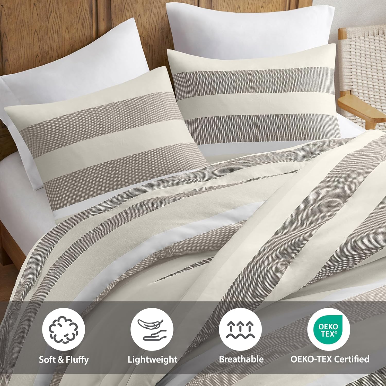 Queen Comforter Set, 3 Pieces Striped Bed Set, Soft Brushed Microfiber Reversible Bedding Set for All Season, Lightweight & Breathable Bedding Set with Comforter & Shams, Neutral
