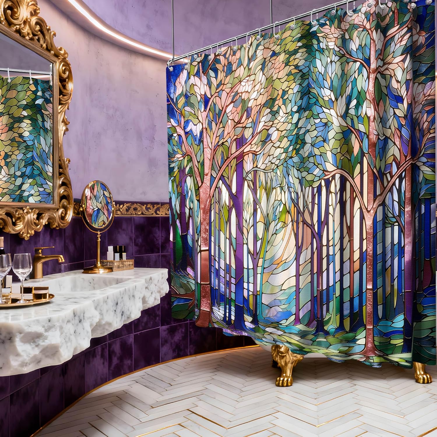 Stained Glass Shower Curtain Colorful Rainbow Forest Tree Shower Curtains for Nature Bathroom Decor Sets, Waterproof Cloth Fabric with Hooks, 108x72 Inch