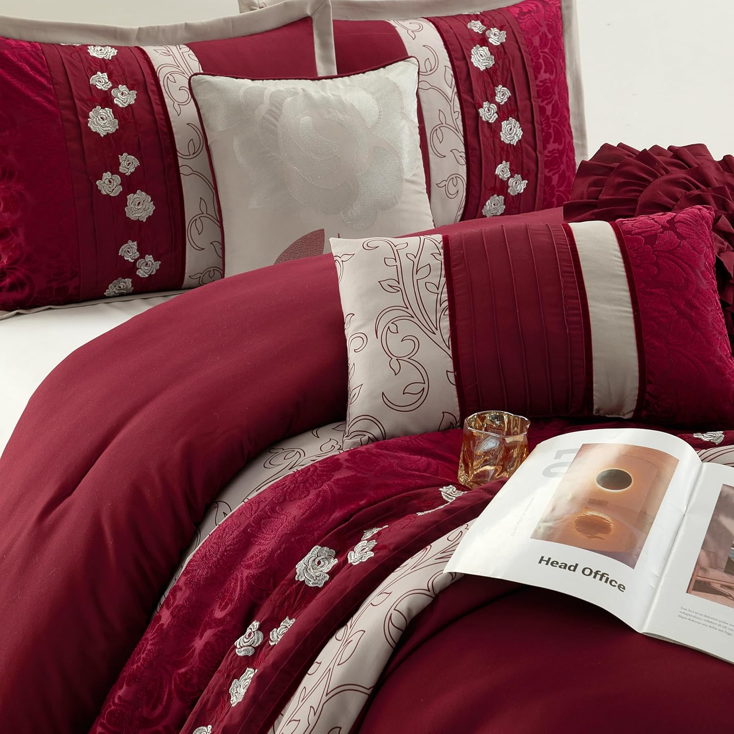 Grand Avenue Wine California King Comforter Set, Piecework with Flocking Embroidery Bedding, Floral 7 Pieces Comforters, Bedskirt, Pillows & Shams
