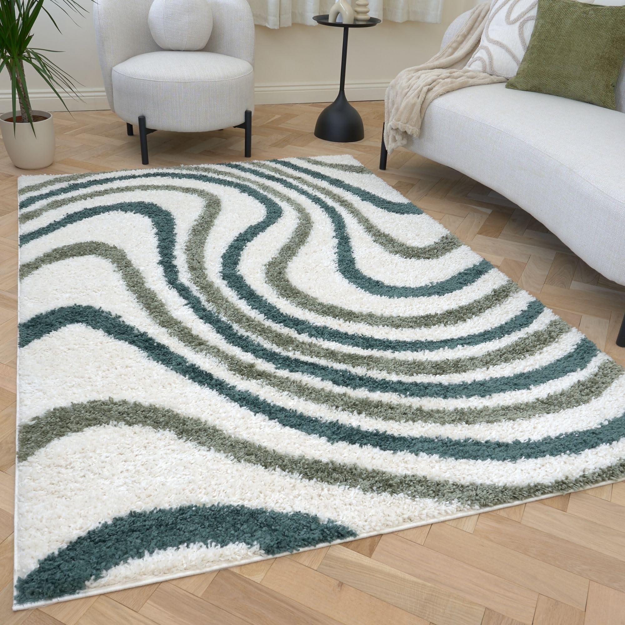 The Rugs Green Moodi Wavy Design Shaggy Soft High Pile Living Room Rug & Runner In | Size: 120Cm X 170Cm