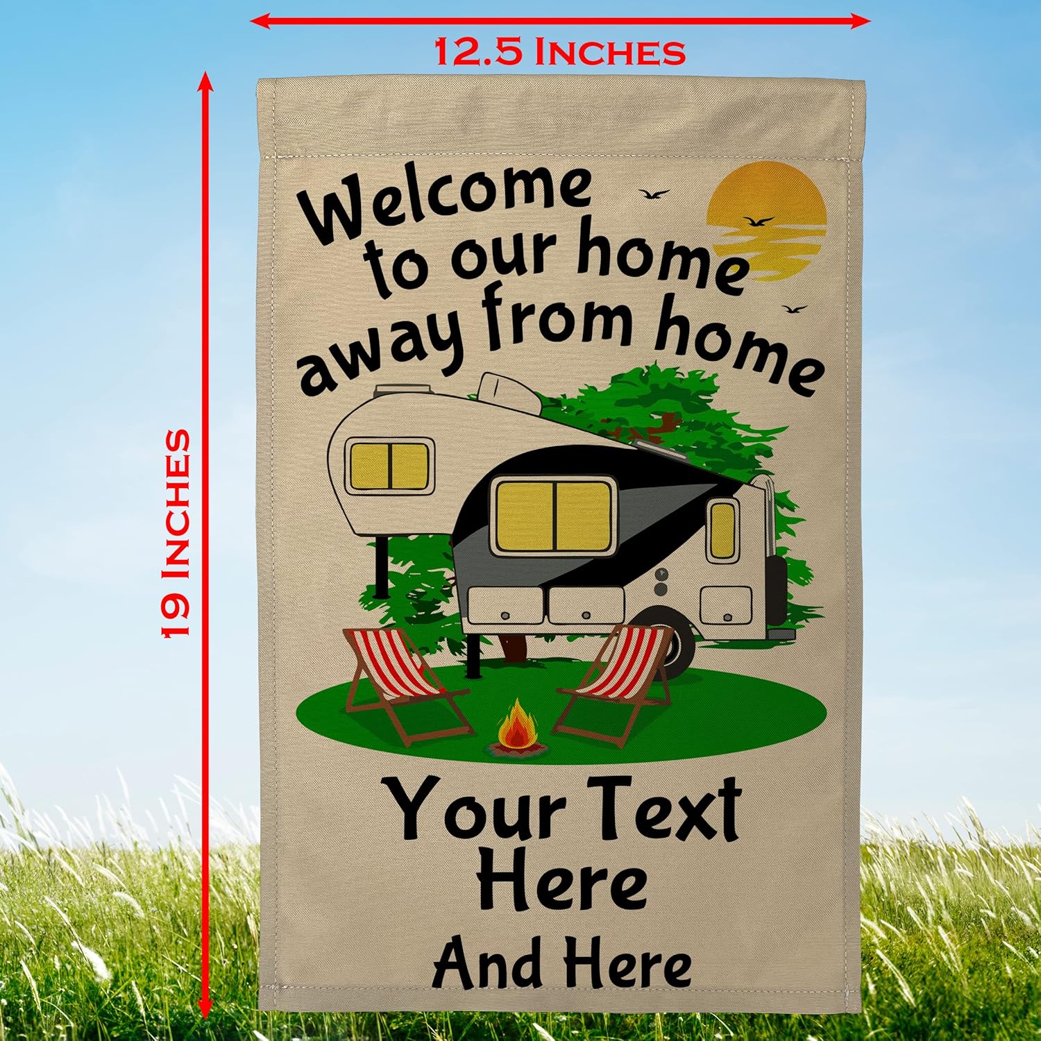 Welcome to our Home Away From Home Personalized 5th Wheel Campsite Flag, Customize Your Way (Black/Gray)