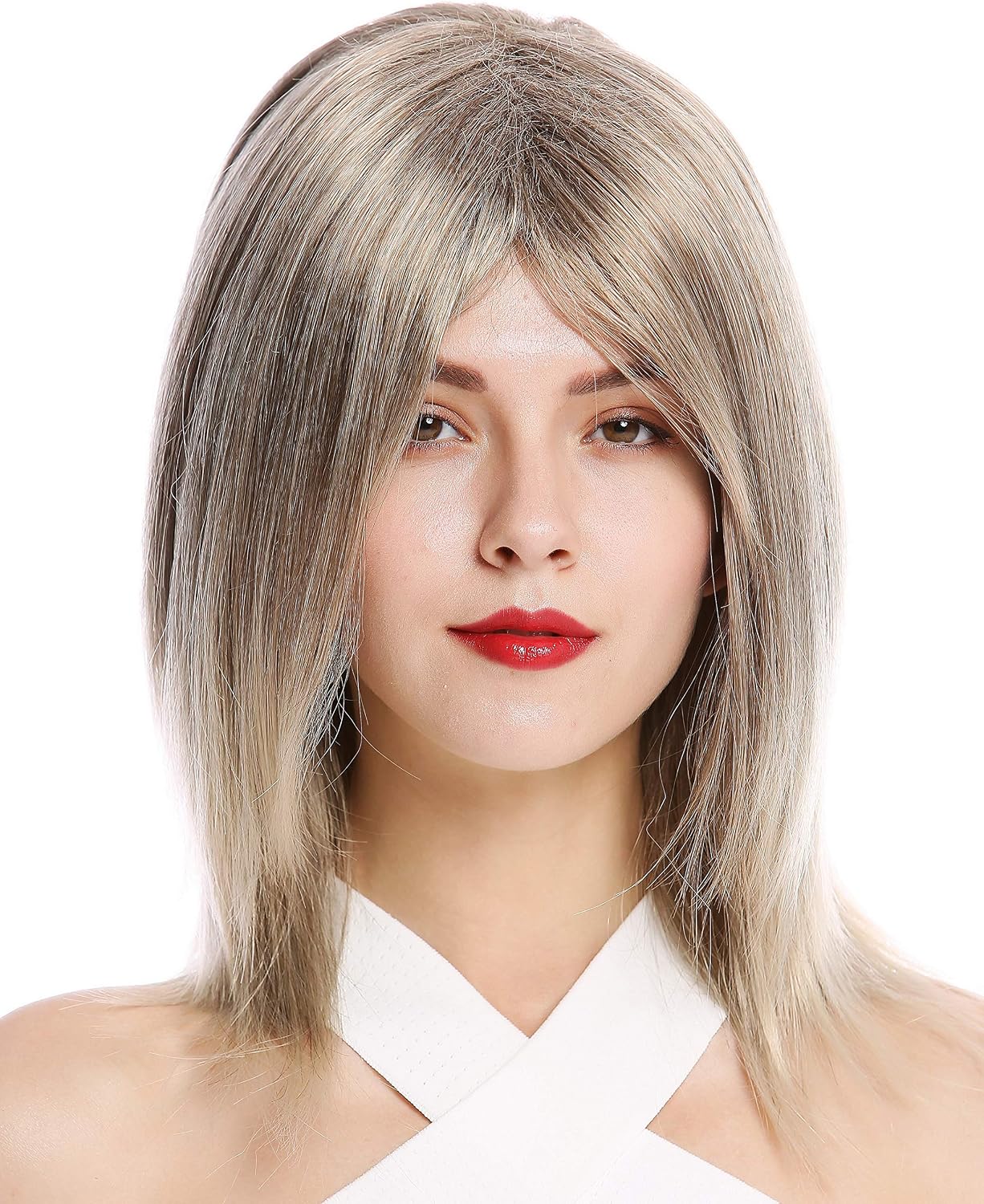 WIG ME UP - GFW2472-18T22 Quality Lady Wig shoulder-length fringe parting straight brown blond streaked highlights 17inch