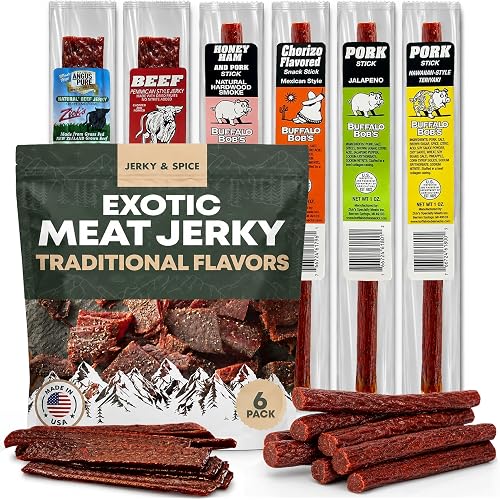 Buffalo Bob's Wild Game Exotic Meat Snacks | Assortment Sampler | Various Pork Flavors, Chorizo & Beef | Jerky Gift Box for Men | Adventure Pack | High Protein | Hiking, Camping | 6 Traditional Pack