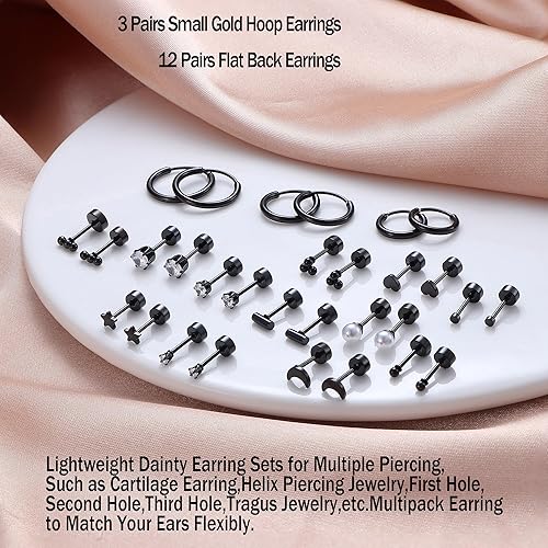 Miniatura 5 de LOLIAS Small Hypoallergenic Flat Back Stud Earrings for Women Men 14K Gold Plated Surgical Stainless Steel Earring Sets Tiny Screw Back Cartilage