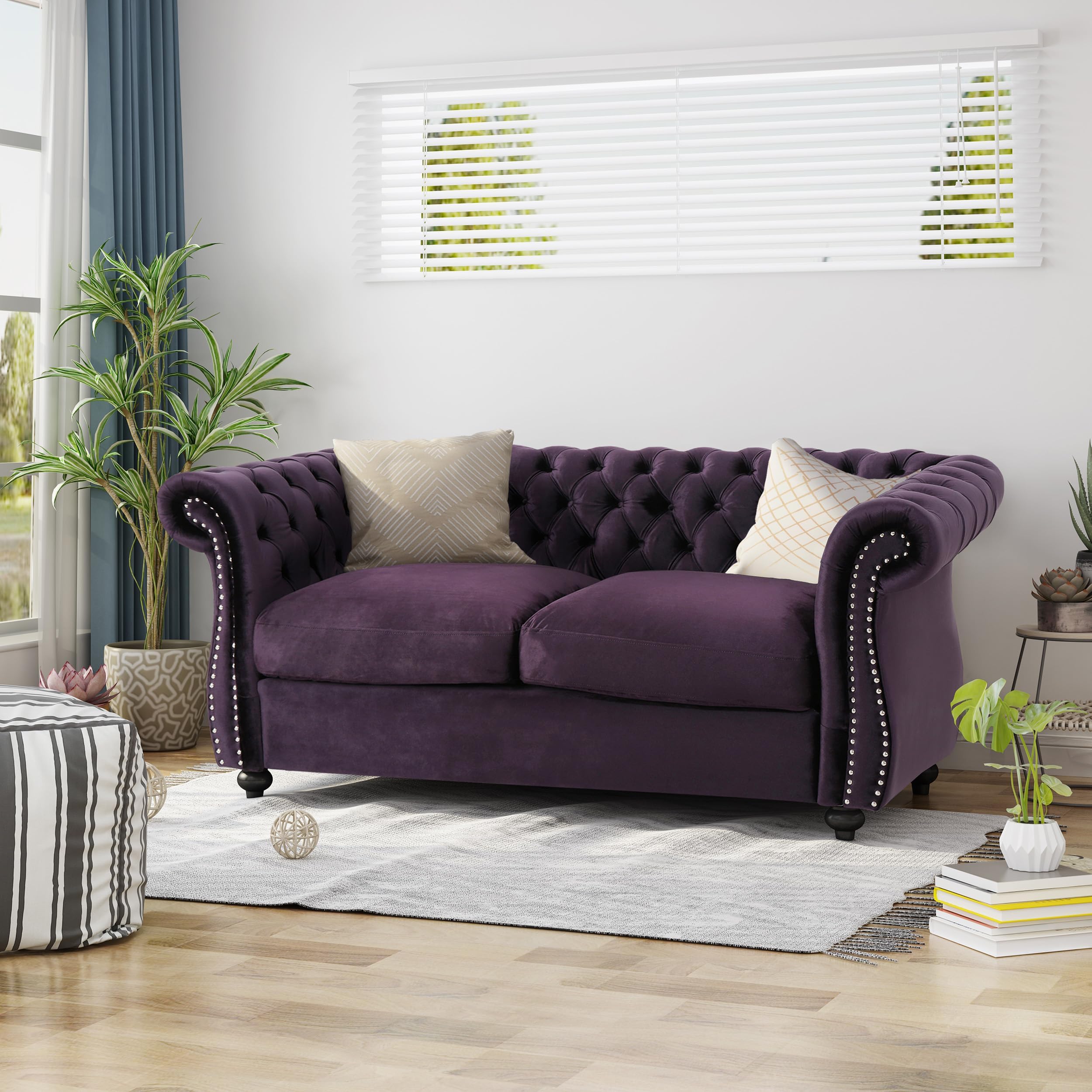 Karen Traditional Chesterfield Loveseat Sofa, BlackBerry and Dark Brown, 61.75 x 33.75 x 27.75