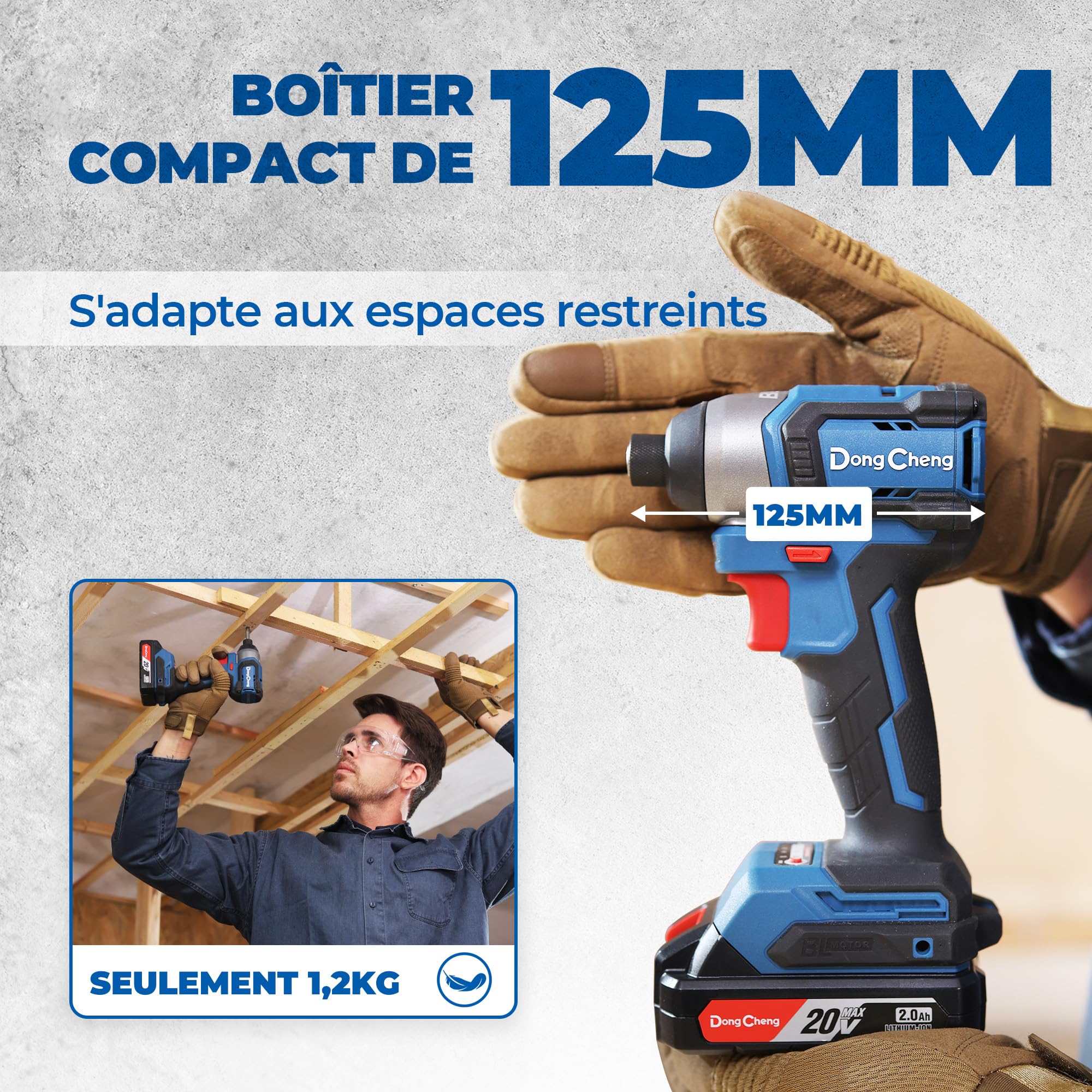 Dong Cheng Visseuse à Chocs sans Fil Brushless 20V, 165Nm, Démarrage Progressif & Mode Autoforeur, 3 Vitesses, 2x 2.0 Ah Batterie + Chargeur, LED, Set d'Embouts + Douilles, pour Bois, Métal, Bricolage