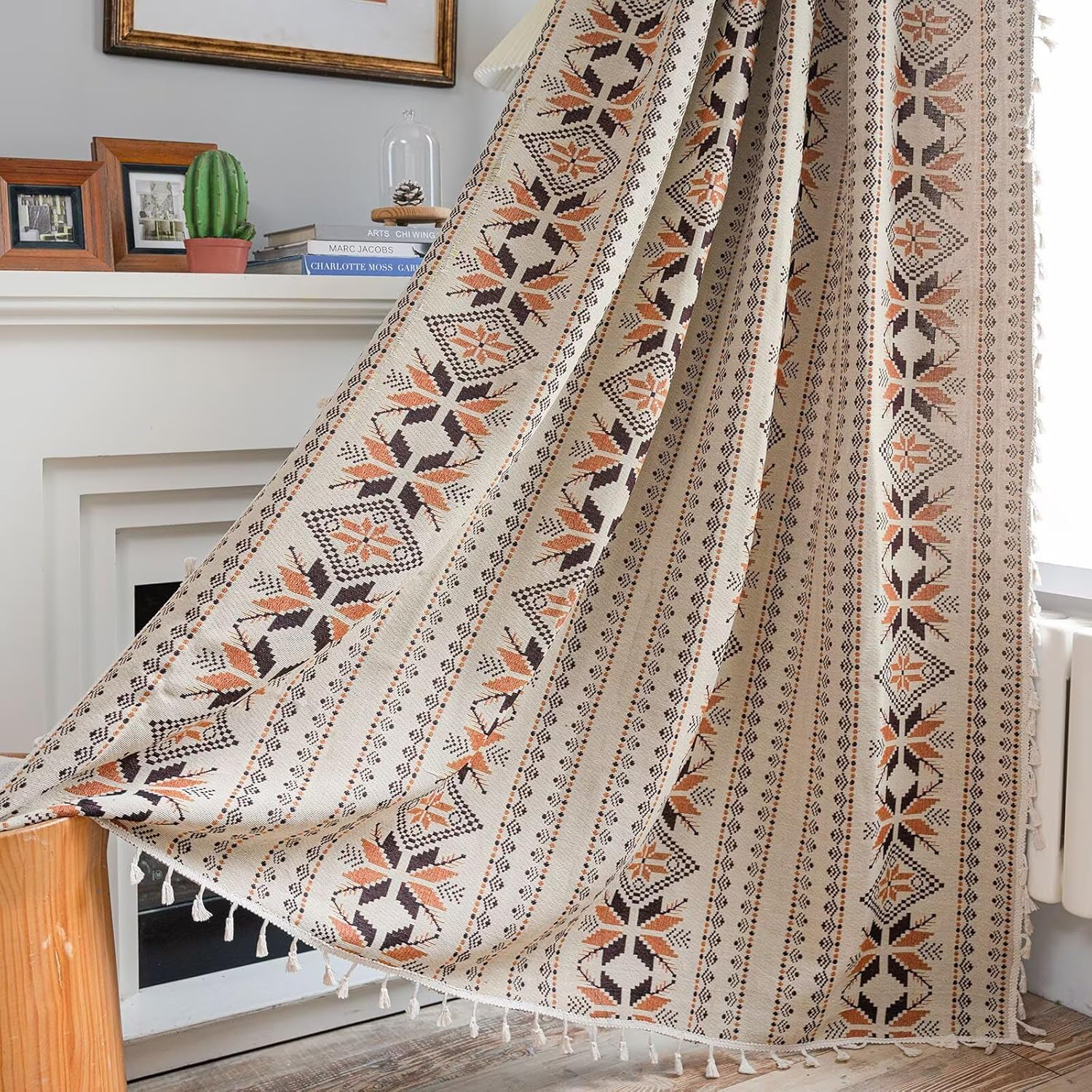 Boho Patterned Curtains Blackout 63 Inches Long Geometric Floral Rod Pocket Tassel Window Curtain Panels for Bedroom Living Room Darkening Farmhouse Cottage Drapes