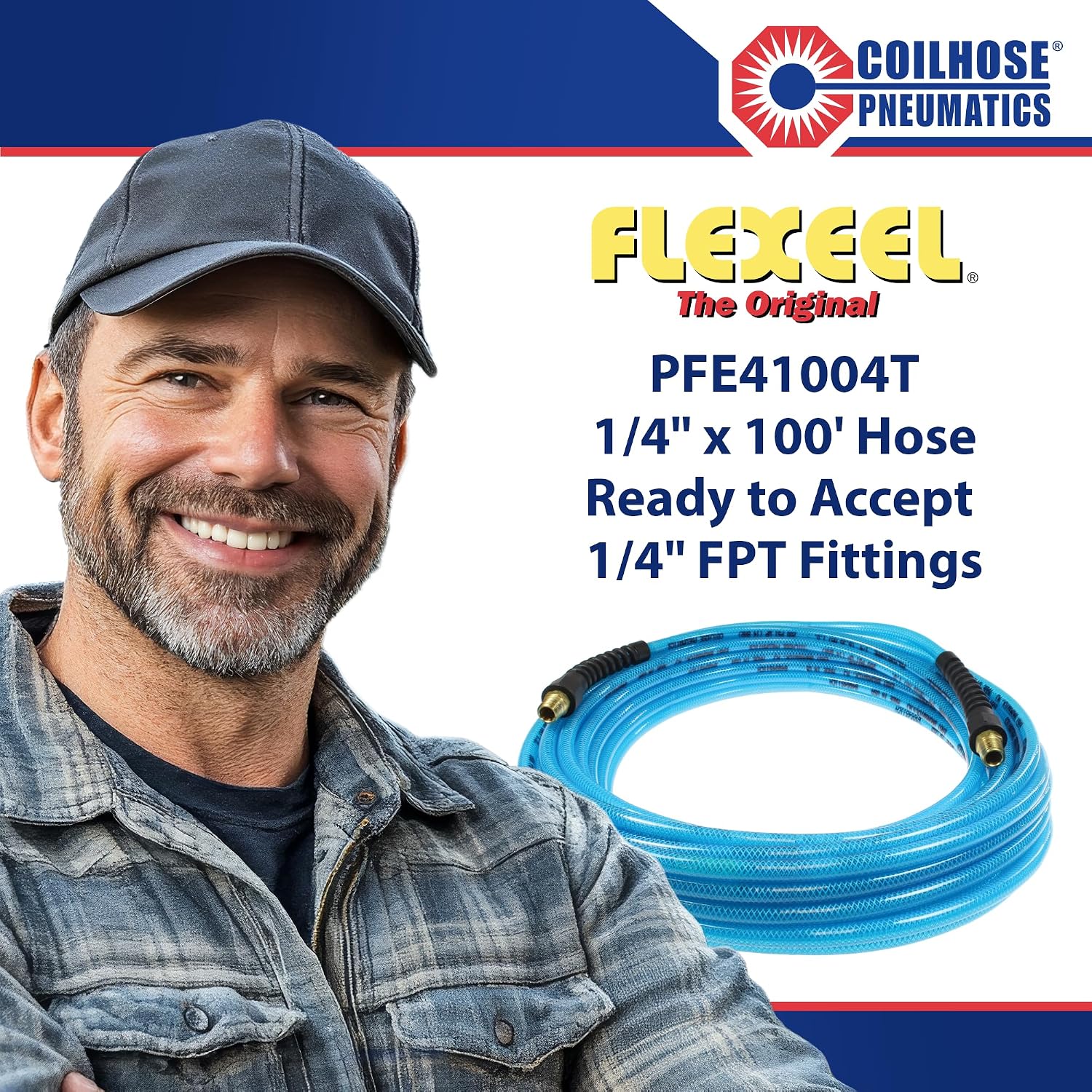 Coilhose Pneumatics PFE41004T Flexeel Reinforced Polyurethane Air Hose, 1/4-Inch ID, 100-Foot Length with (2) 1/4-Inch MPT Reusable Strain Relief Fittings, Transparent Blue