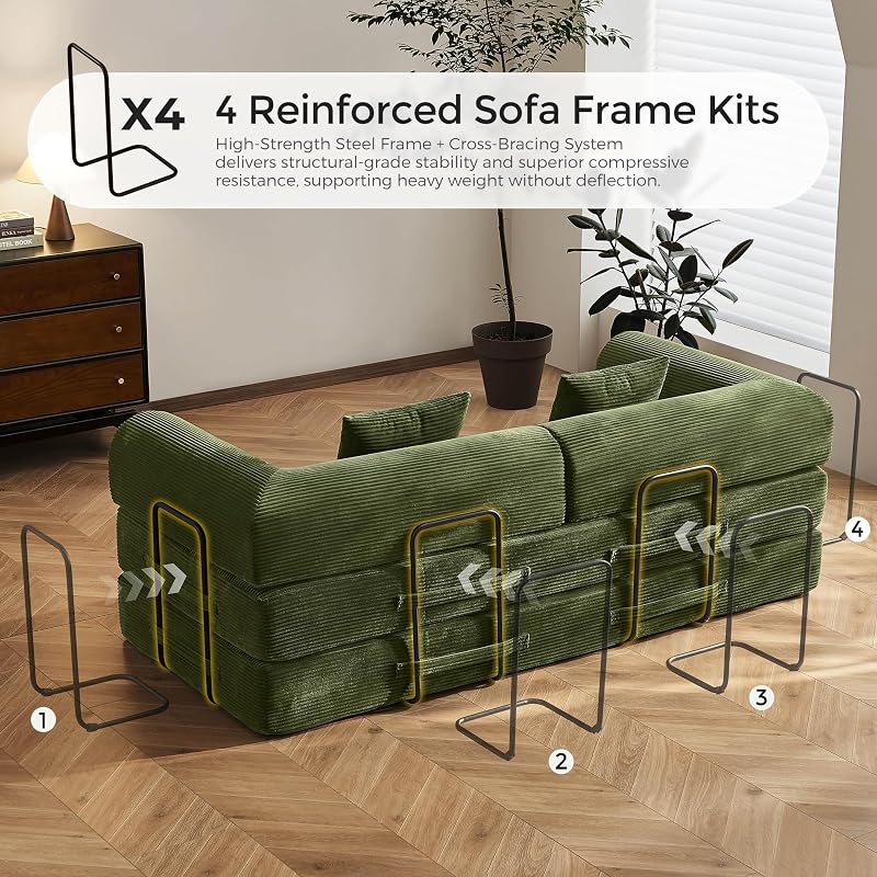 79" Convertible Futon Sofa Bed,Boneless Couch for Living Room | Olive Green image 5