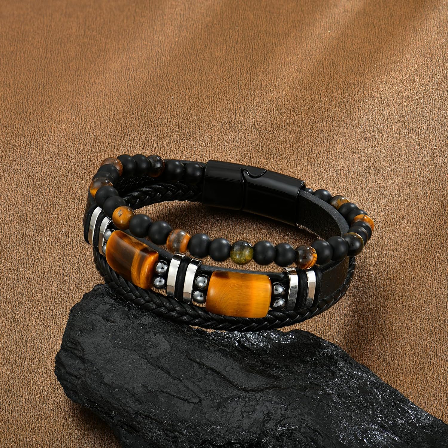 Mens Tiger Eye Leather Bracelet, Natural Tiger Eye Stone Beads Multi-Layer Braided Cuff Bracelets for Men, Stainless Steel with Buckle Memorial Bangle Gifts for Him - Image 5