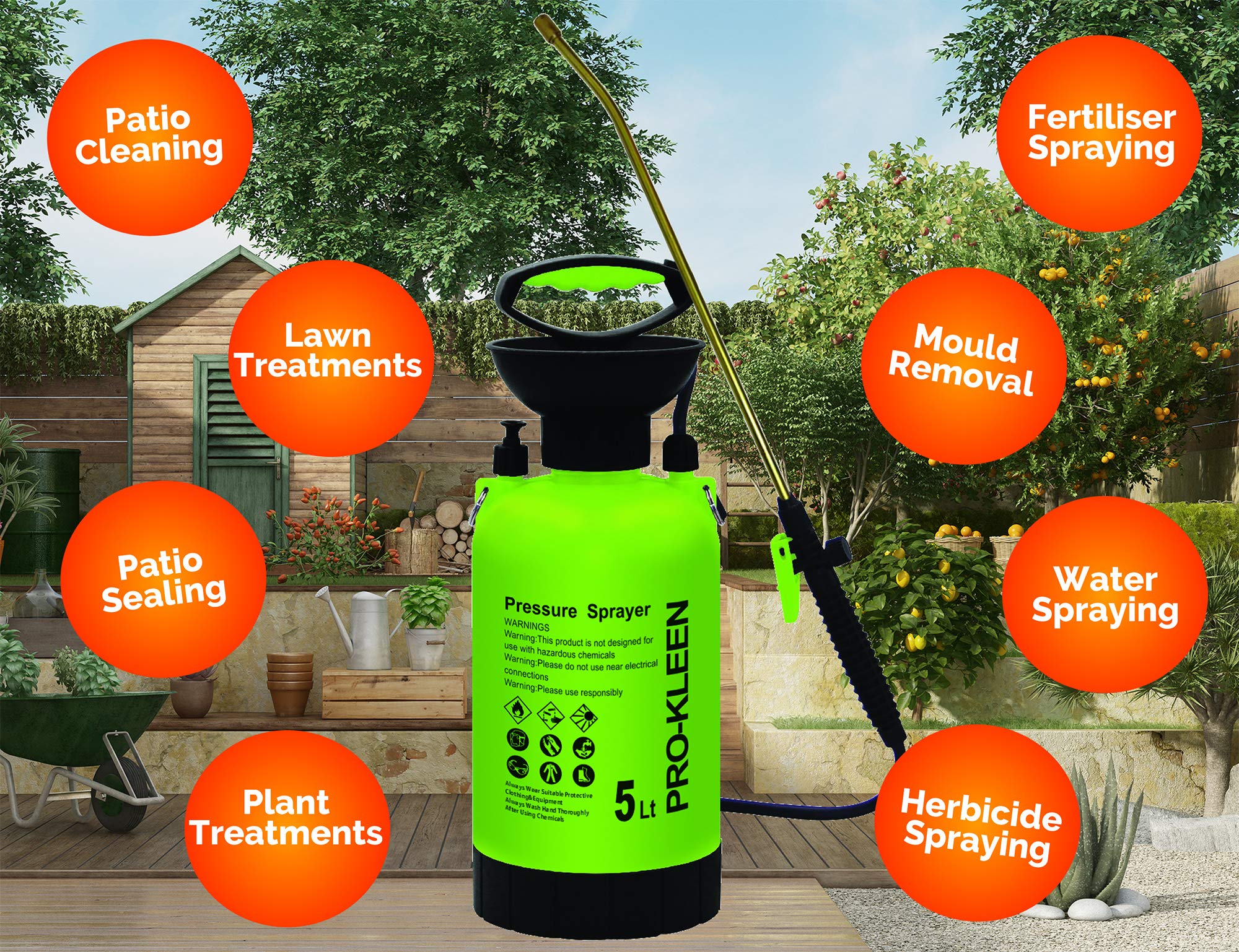 Pro-Kleen Spruzzatore a pompa a pressione da giardino, 5 l, lancia in ottone, kit di 2 guarnizioni di ricambio, per diserbante, pesticidi, erbicidi, insetticidi (5 litri), nero
