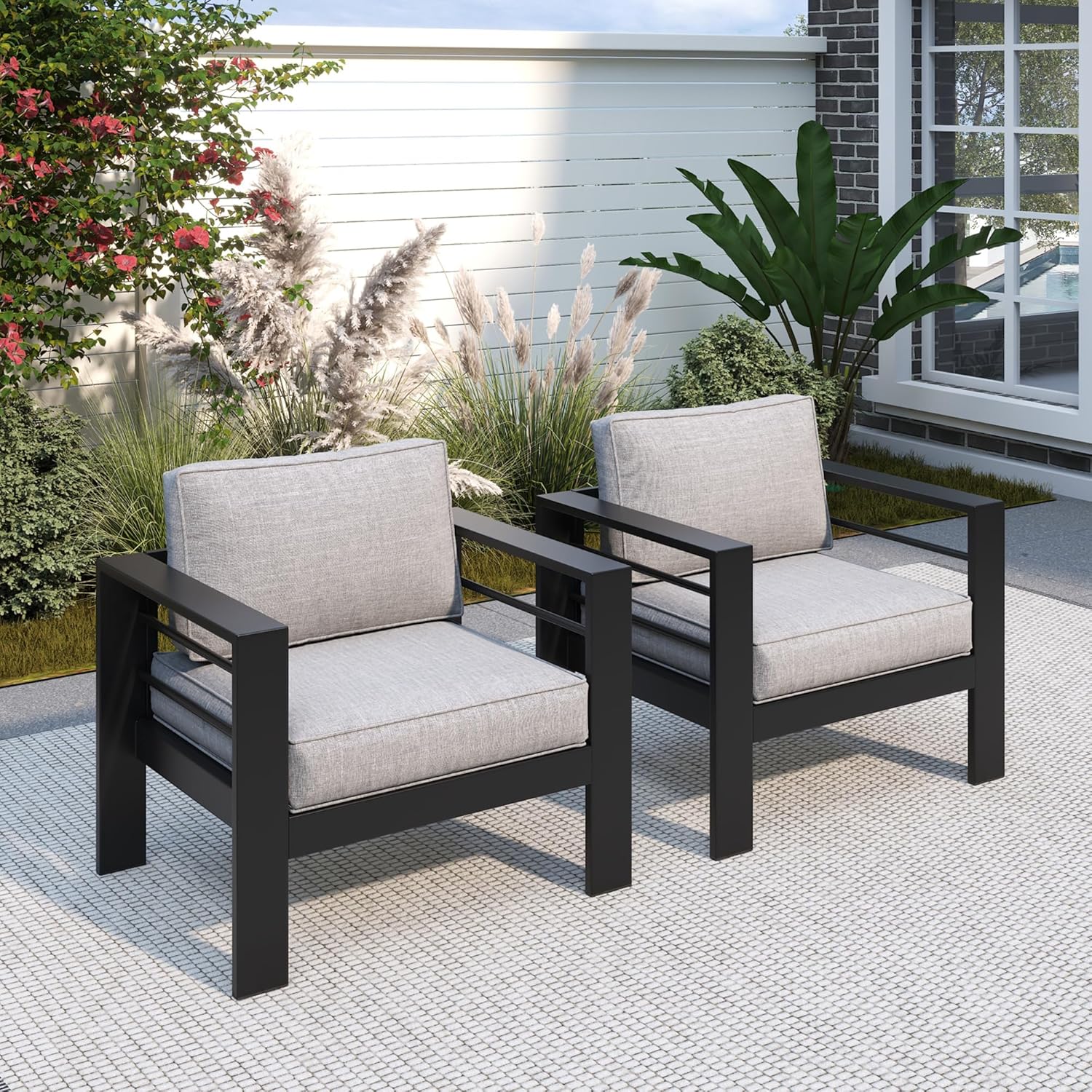 Solaste Patio Furniture Metal Armchair,2 PCS All-Weather Aluminum Garden Outdoor Contemporary Sofa Chair with Cushions, Light Grey