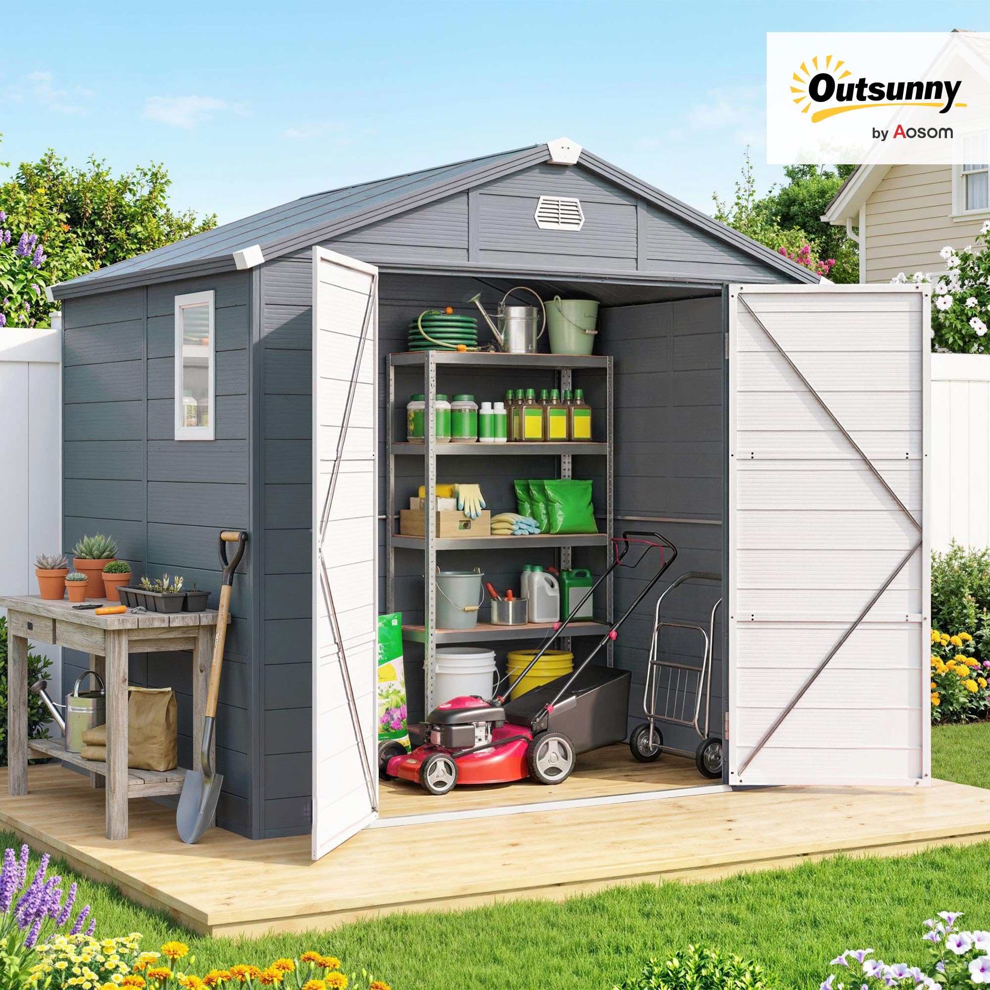 Outsunny Gerätehaus 4,1 m³, Gartenhaus mit Pultdach, 240 x 190 x 180/228 cm, Schütschuppen mit Abschließbar Tür, Fenster, Fahrradgark aus Aluminium, für Hinterhof, Garten, Grau