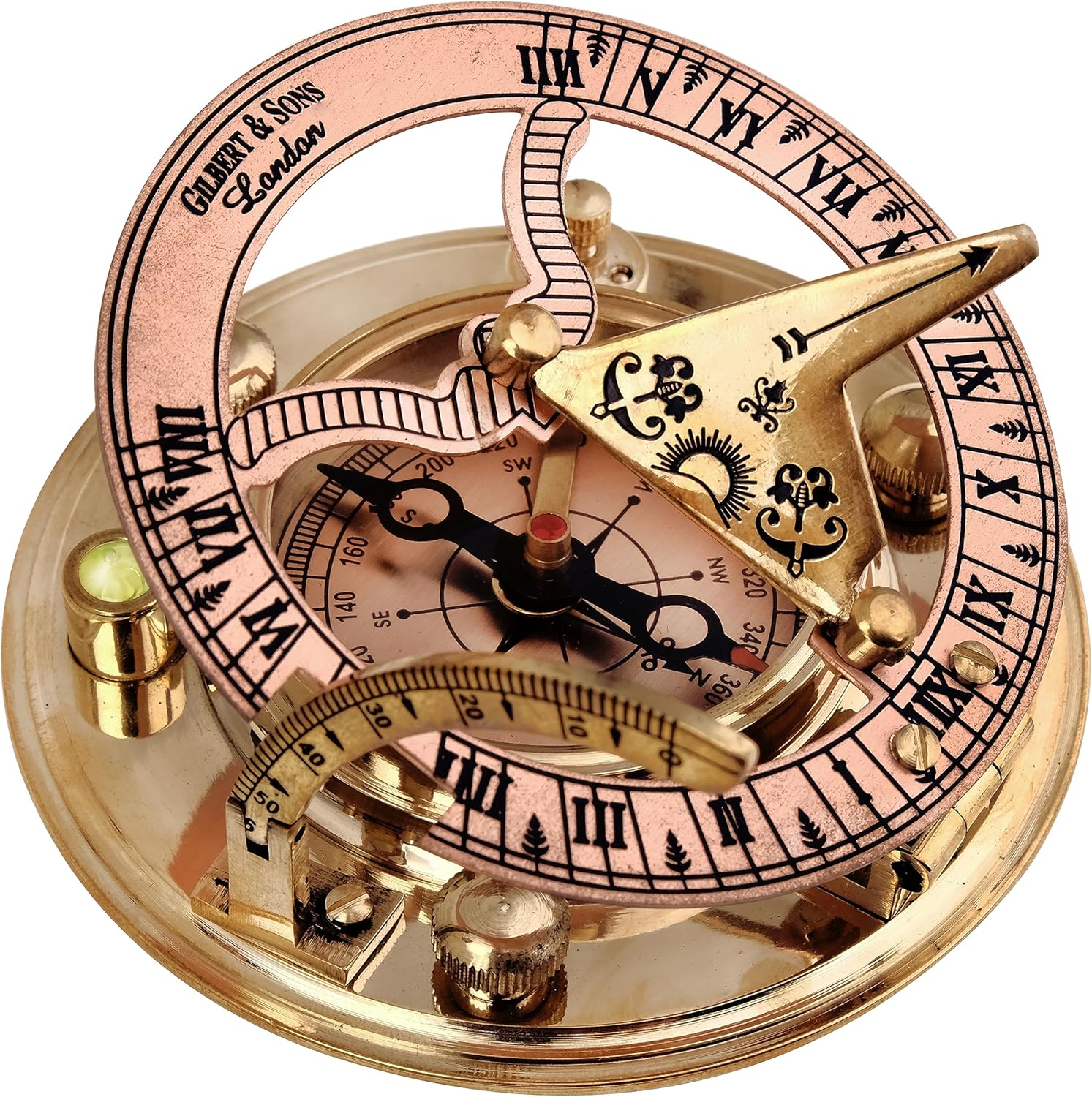 Antique Brass & Copper Sundial Compass, Sundial Clock in Box Gift Sun Clock Ship Replica Watch