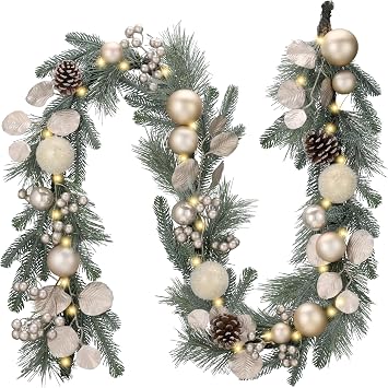 Valery Madelyn 6 Ft Pre-Lit Christmas Garland with Lights for Mantle, Lighted Outdoor Xmas Garland with White Gold Balls Norfolk Pine for Home Stairs Fireplace Table Centerpiece Indoor Holiday Decor
