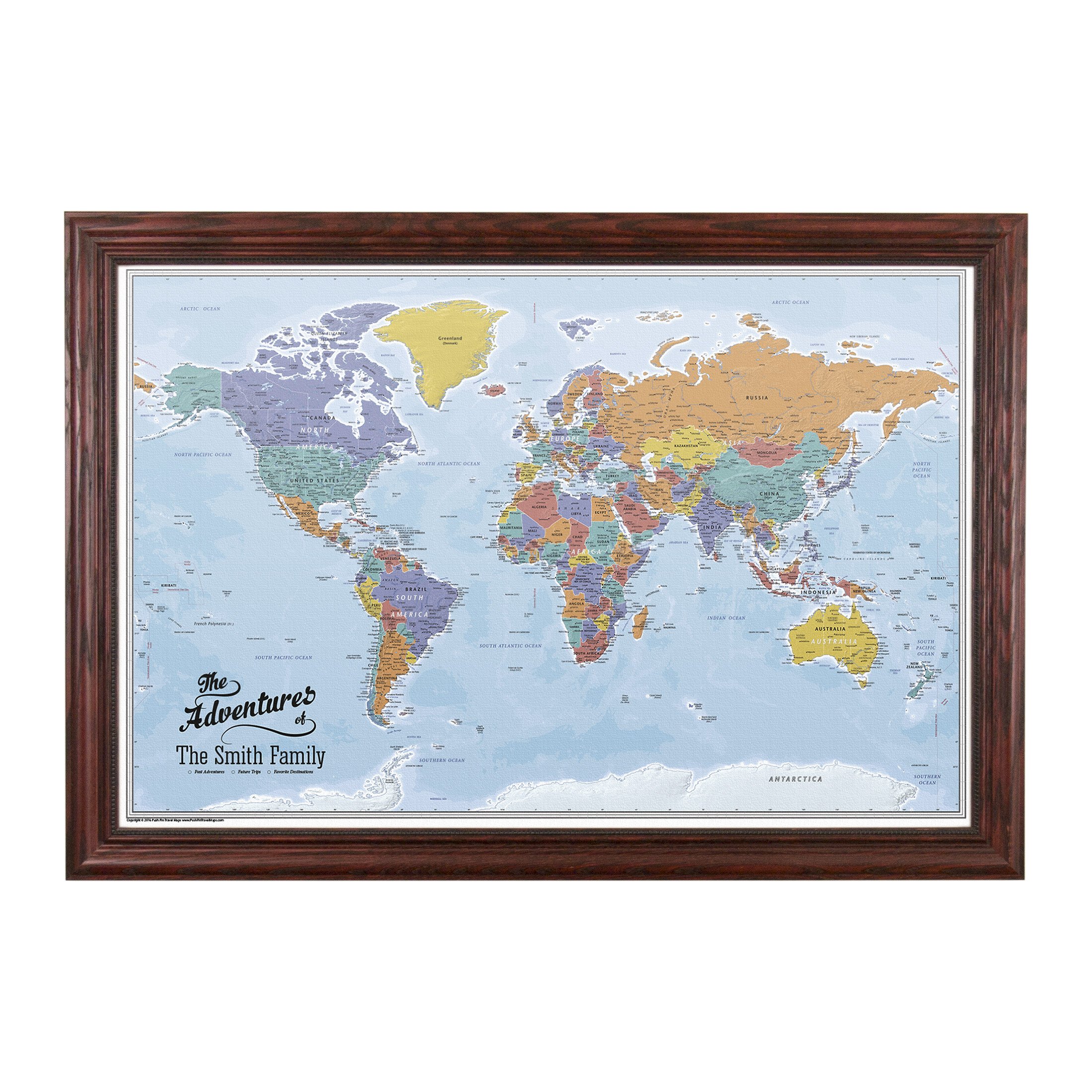 Canvas - Personalized Blue Oceans World Push Pin Travel Map with Solid Wood Cherry Red Frame