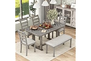 Merax 6-Piece Rubber Wood Dining Table Set with 4 Cushioned Chairs and Bench