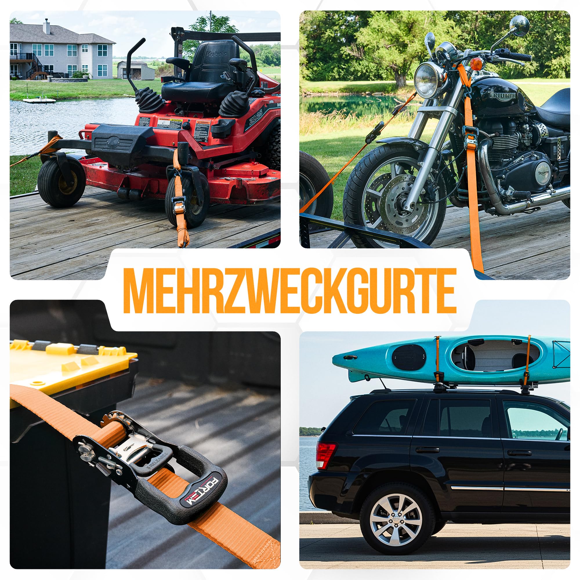 FORTEM Spanngurte mit Ratsche und Haken -Robustes 4er Spanngurt Set mit Zurrschlaufe–3,04m (2363 kg Bruchlast) -Spanngurte mit Haken (Kratzschutz Beschichtung), 4 Zurrgurte mit Ratsche, Komfortgriff