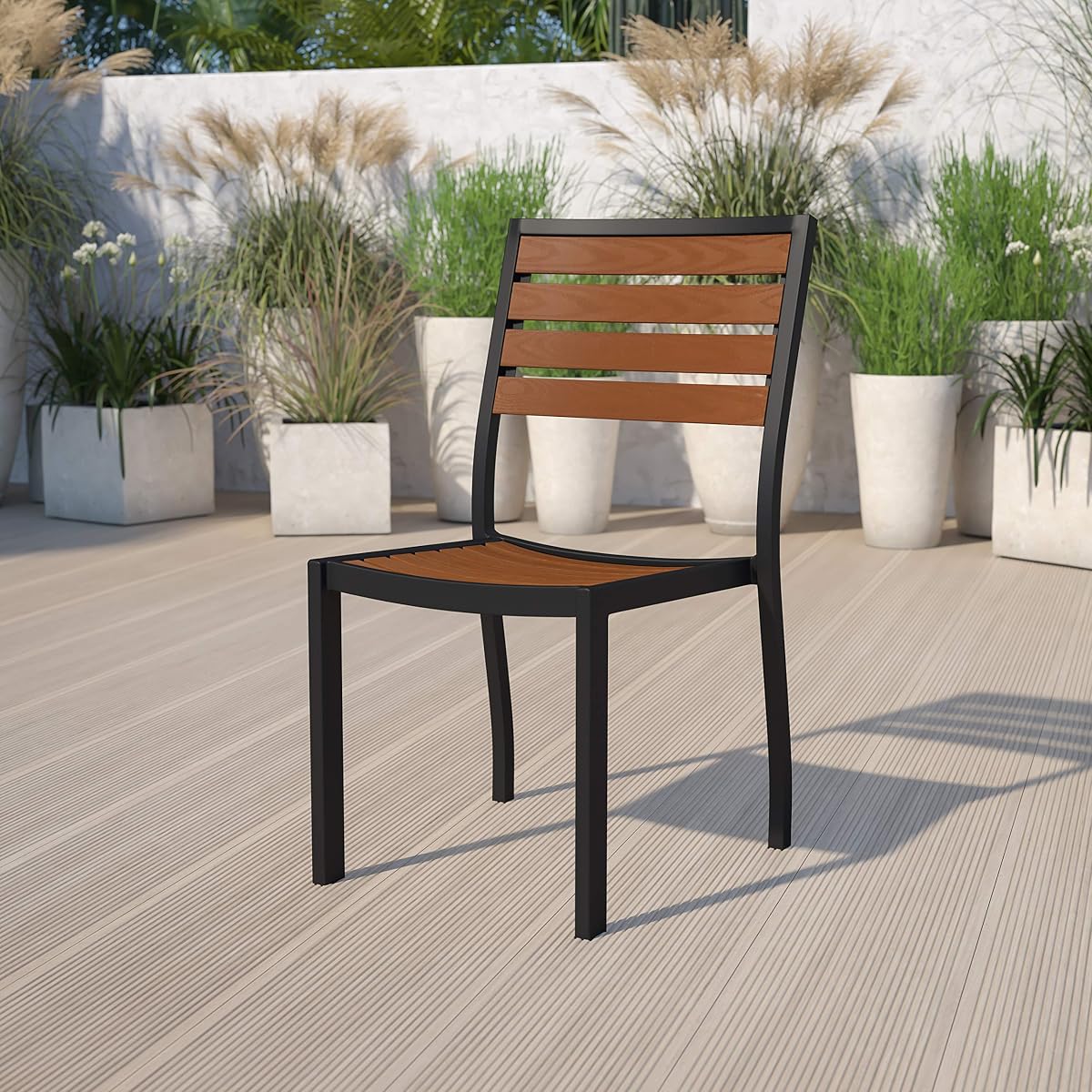 Flash Furniture Lark Outdoor Stackable Side Chair with Faux Teak Poly Slats | Faux Teak Poly Slats, Durable Construction, Commercial Use