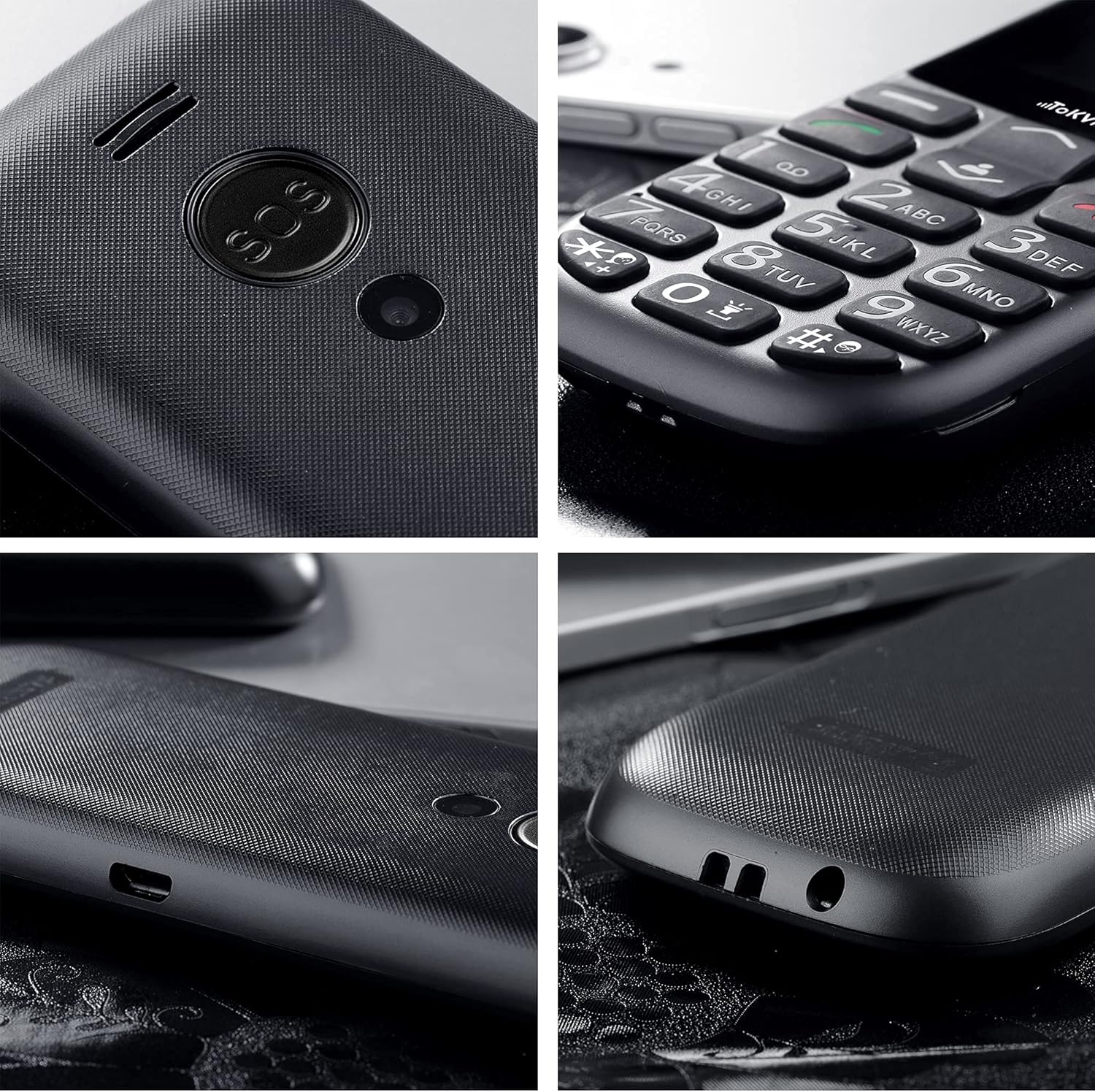 Nærbillede view of the TOKVIA T111 phone's back, highlighting the SOS button and textured surface.