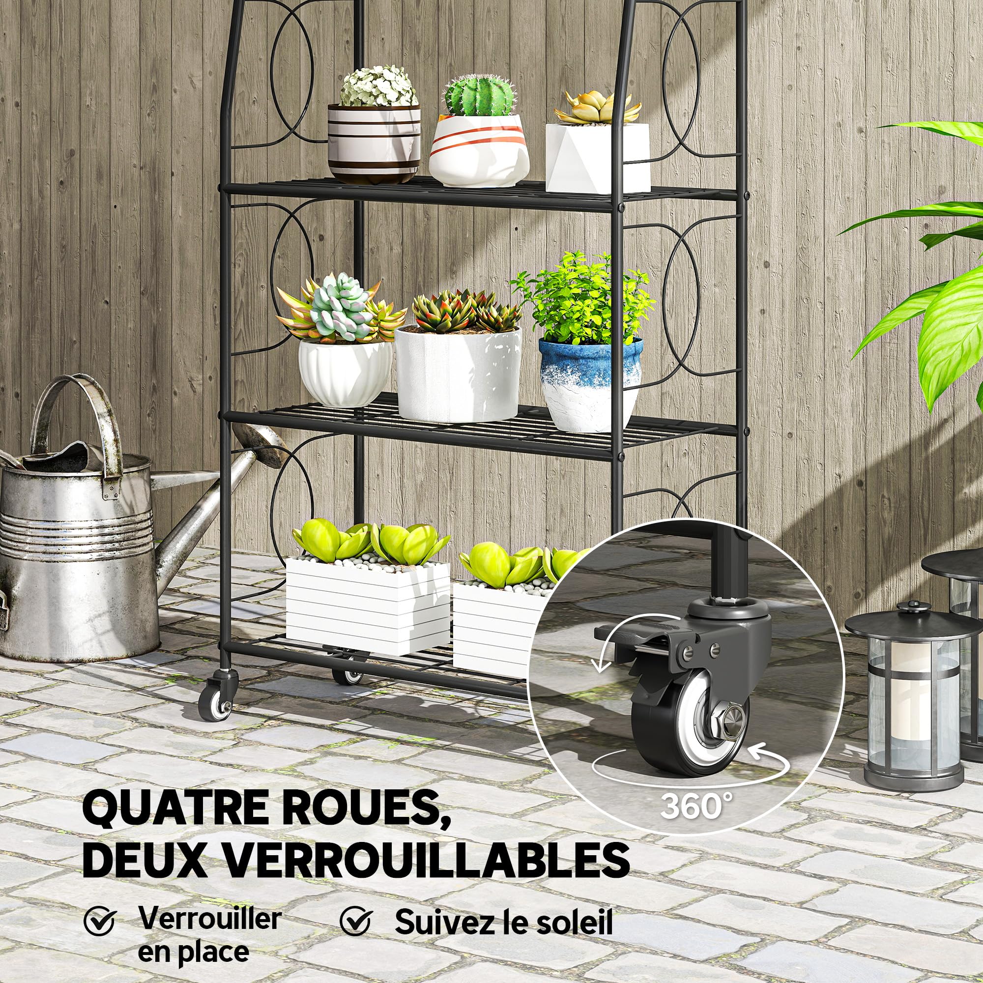 Outsunny Étagère à Fleurs Extérieur 4 Niveaux Roues 67x29x114 cm Noir | Intérieur, Support de Plantes, Étagère à Plantes, Jardin, Balcon, Salon