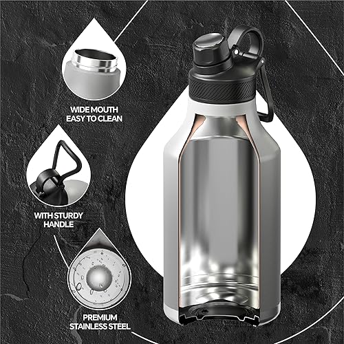 Miniatura 5 de IDEUS Botella de agua aislada de acero inoxidable con 2 tapas a prueba de fugas, termo para senderismo, ciclismo, 64 onzas, azul brillante